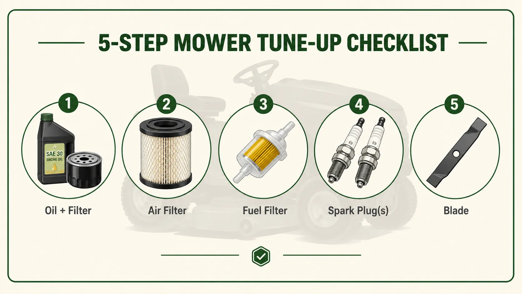 Five-step lawn mower tune-up checklist infographic showing oil and filter, air filter, fuel filter, spark plugs, and mower blade maintenance with a riding mower silhouette in the background.