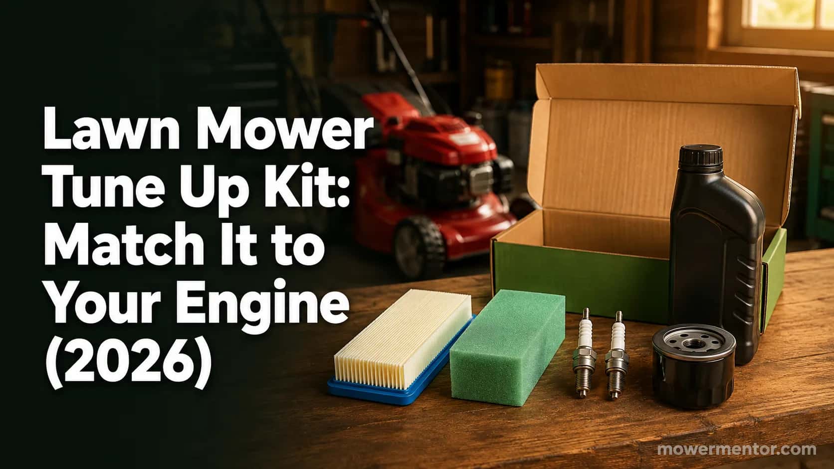 Lawn mower tune up kit with engine oil, air filter, pre cleaner, spark plugs and oil filter arranged on a garage workbench beside a red mower.