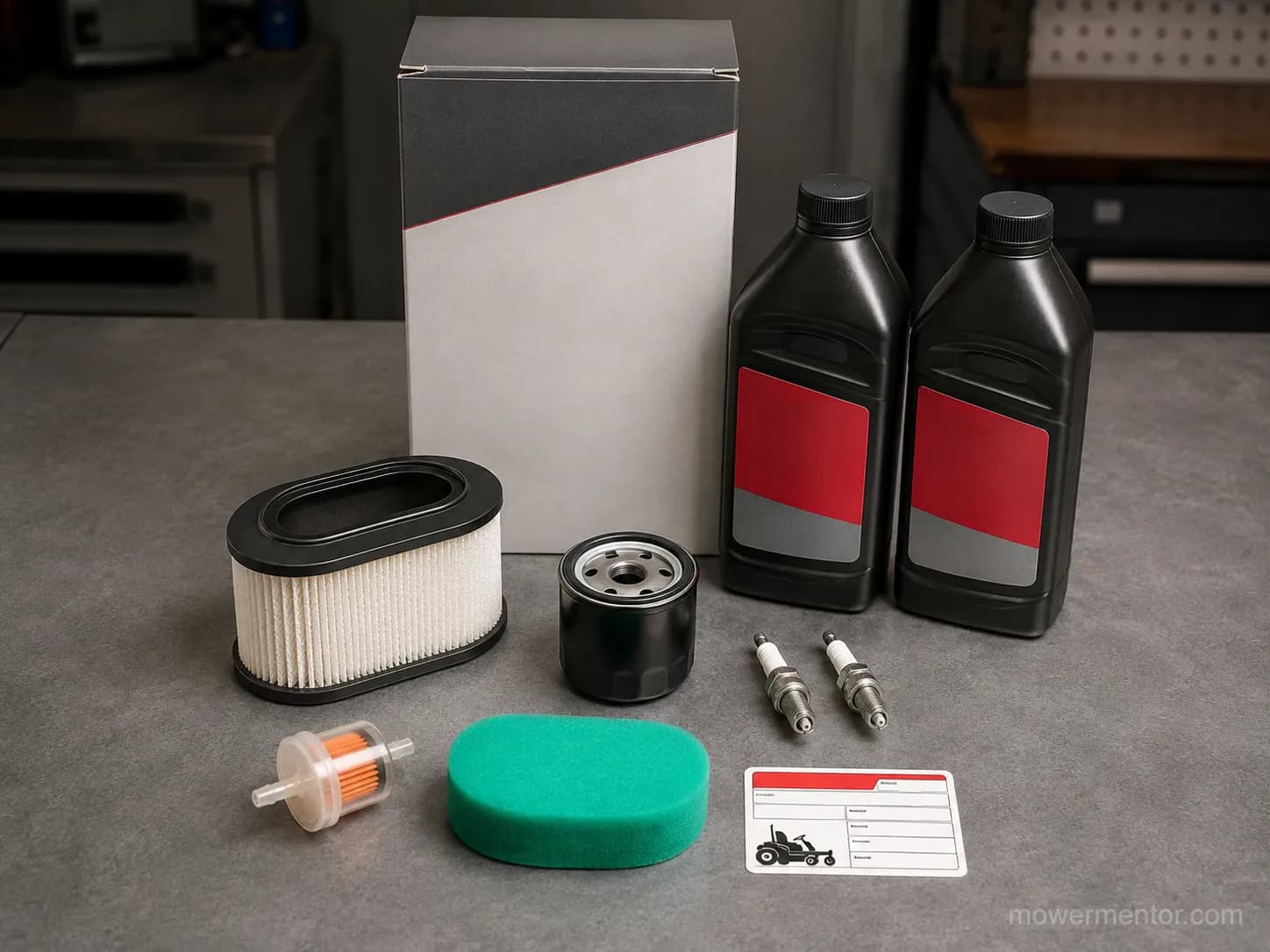 Lawn mower tune-up kit with six parts, two quarts of oil and an oil-change sticker arranged on a workshop bench.
