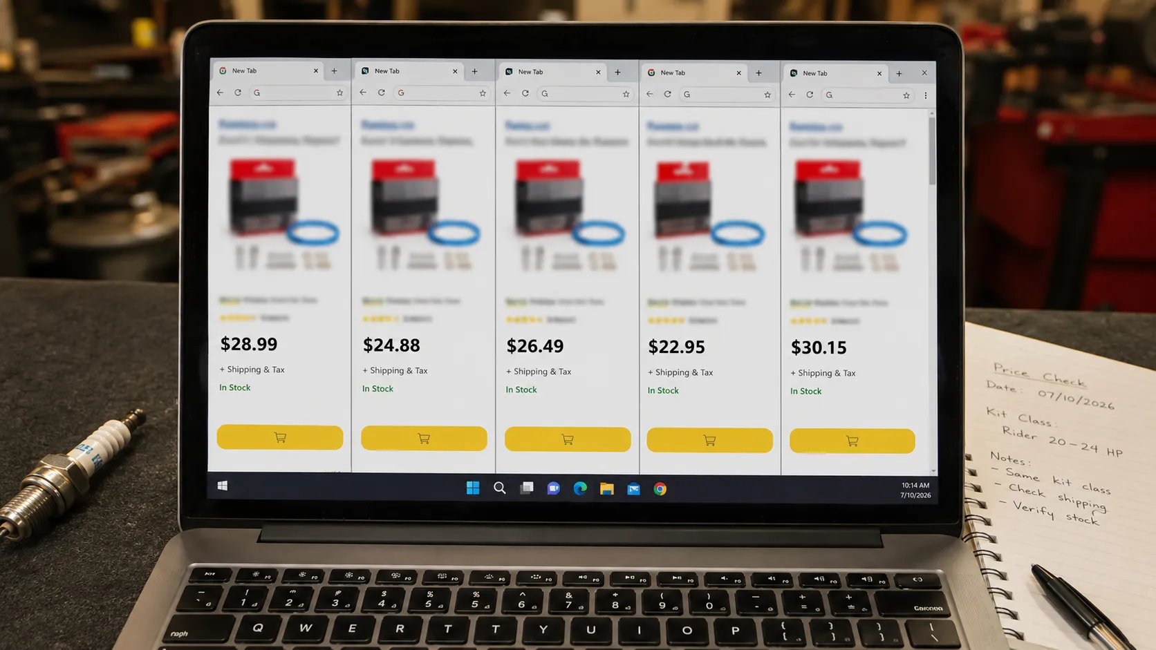 Laptop screen displaying a dated price comparison of the same lawn mower tune-up kit across five retailer tabs, with a spark plug and notebook on a workshop bench.