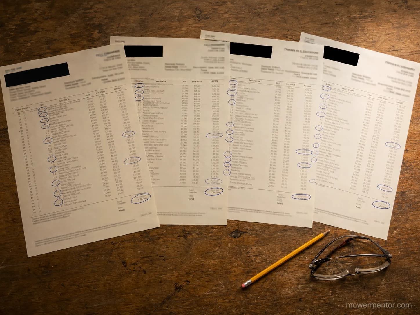 Four itemised lawn mower tune-up work orders compared line by line on a wooden workbench, with selected entries circled and shop names redacted.