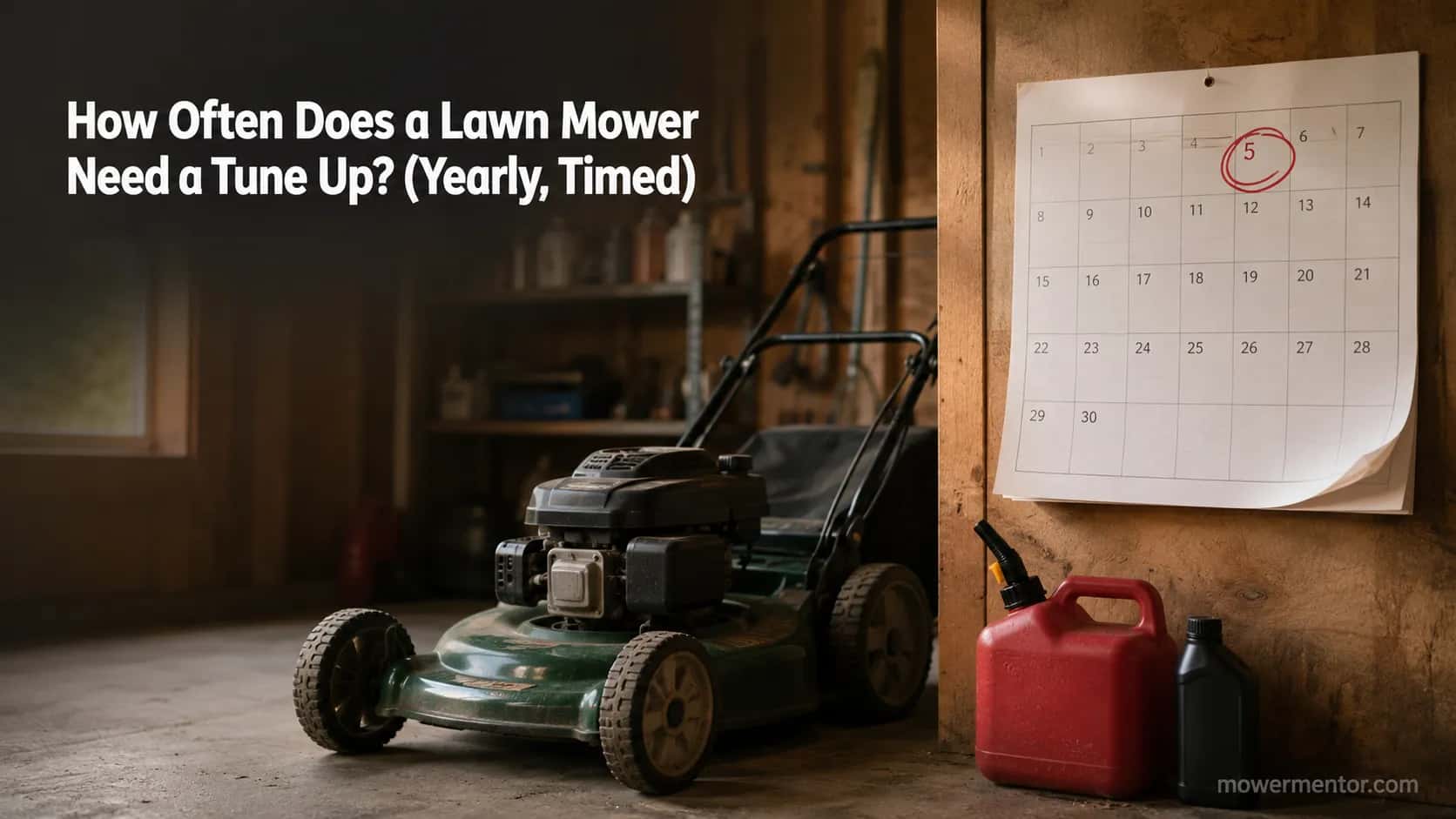 Lawn mower waiting in a garage beneath a calendar with an early April date circled in red, showing when to schedule a yearly mower tune-up.