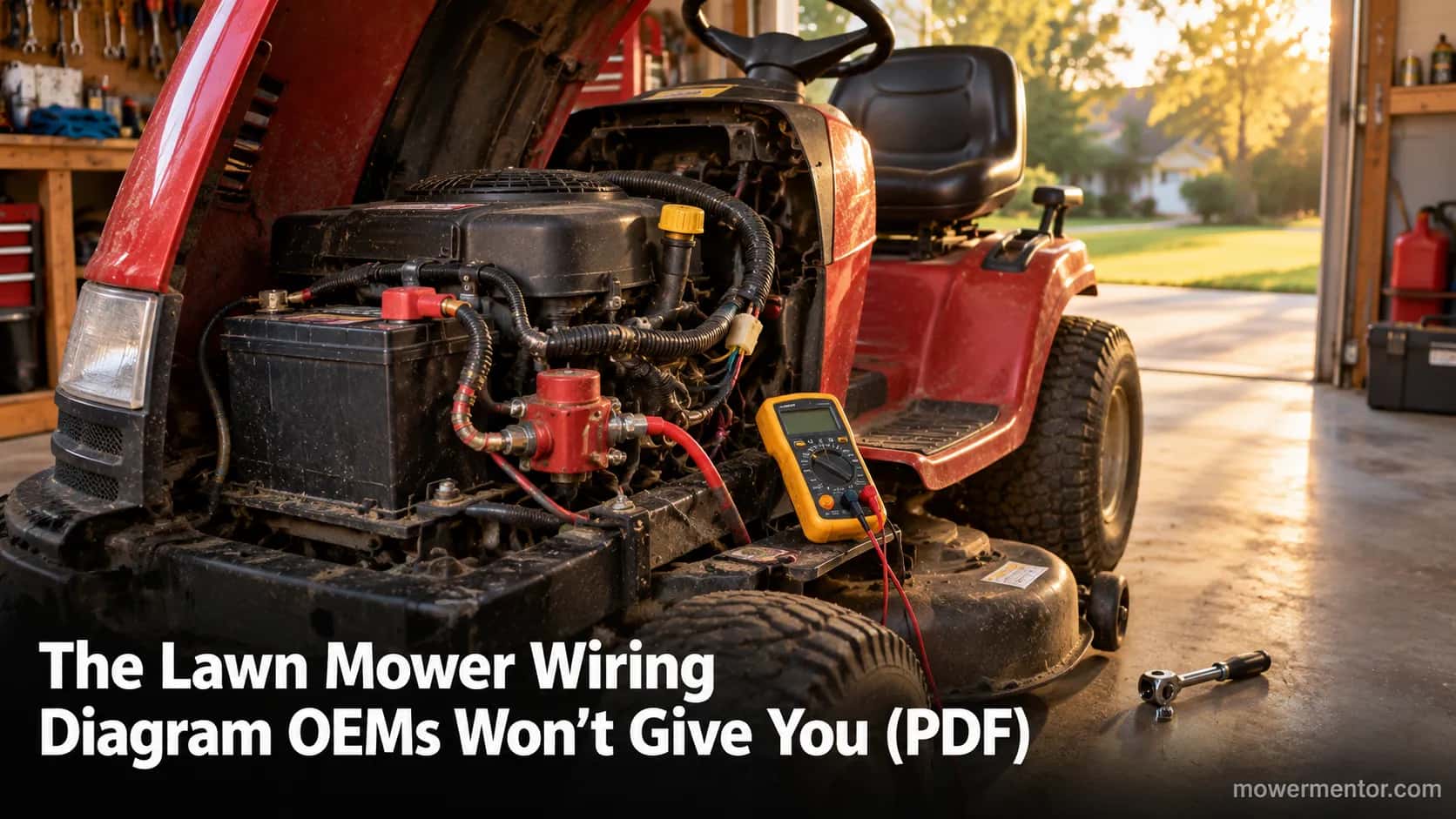 Riding lawn mower with hood open showing wiring harness, battery and multimeter, ready for a wiring diagram walkthrough.