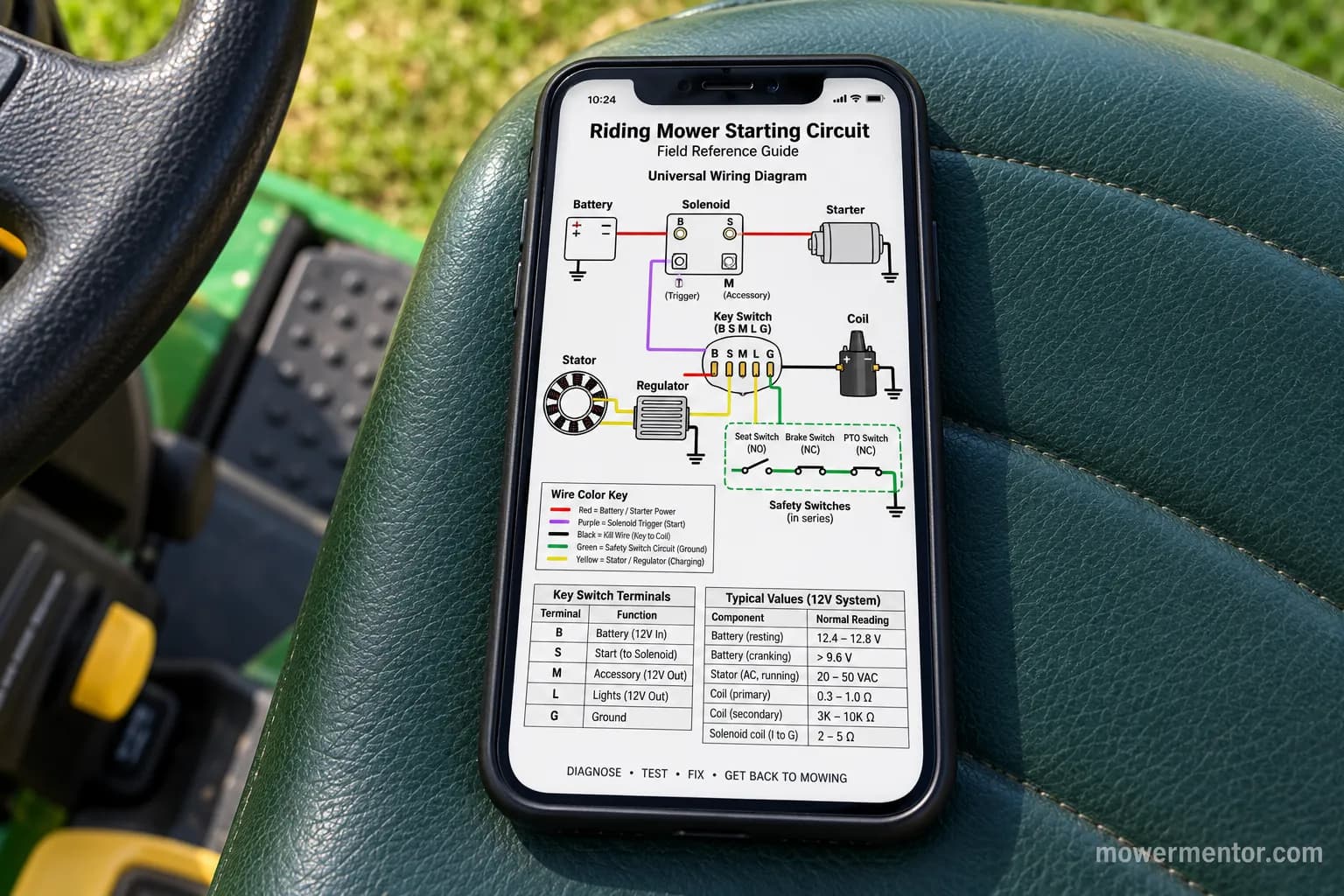 Smartphone on a riding mower seat displaying the downloadable lawn mower wiring diagram PDF field reference.