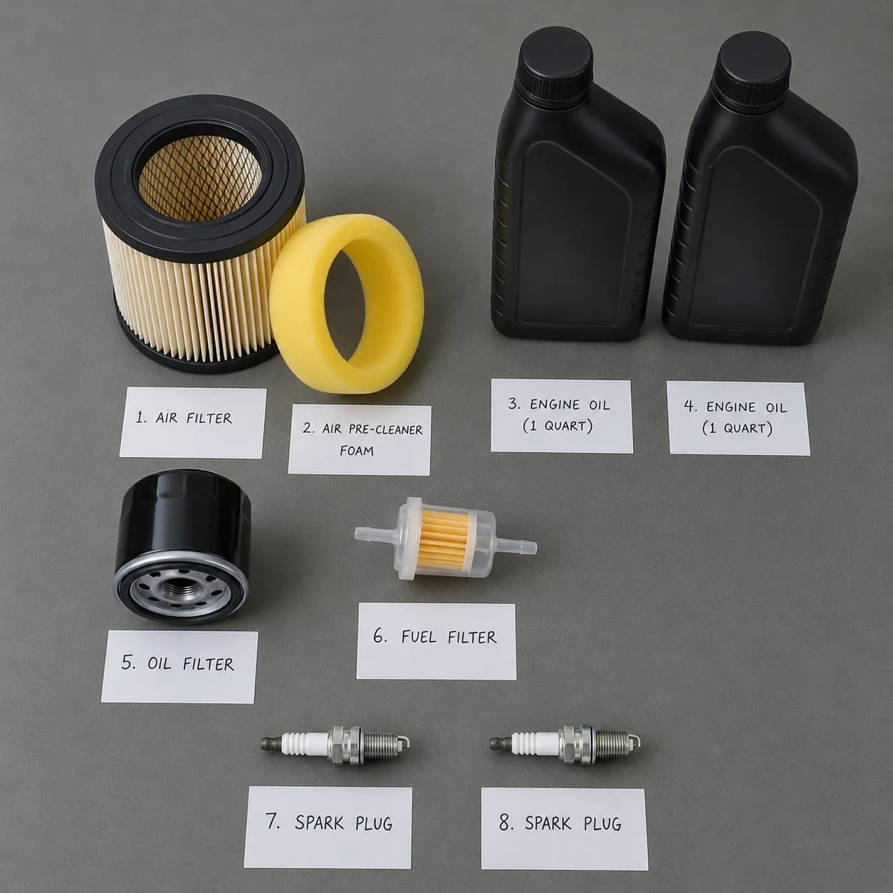 Overhead flat lay of the LG265 maintenance kit with air filter, yellow foam pre-cleaner, oil filter, inline fuel filter, two spark plugs, two oil bottles, and blank white labels on a grey bench.