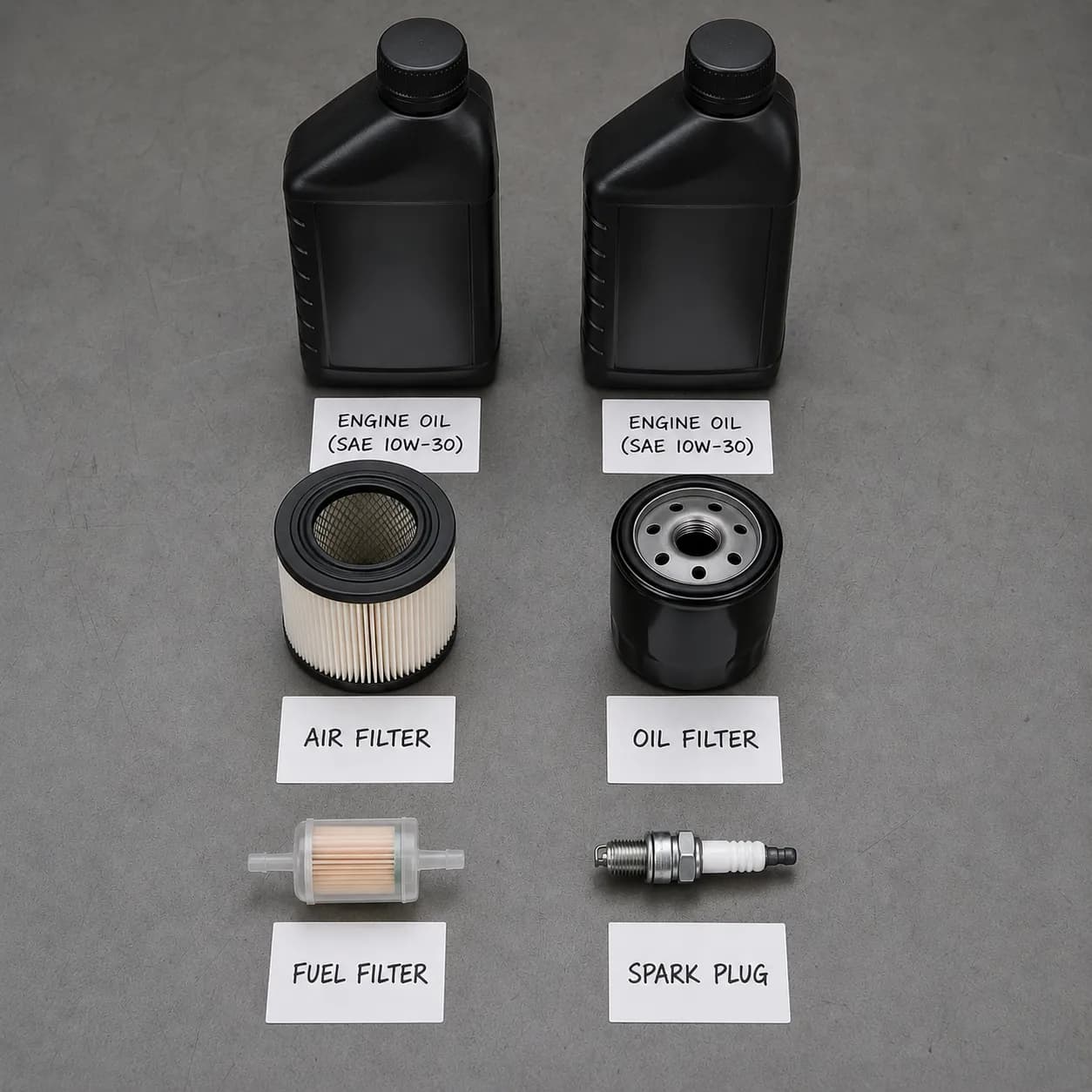 Overhead flat lay of LG266 maintenance kit contents showing an air filter, oil filter, inline fuel filter, spark plug, and two engine oil bottles arranged neatly on a gray workbench with blank labels.