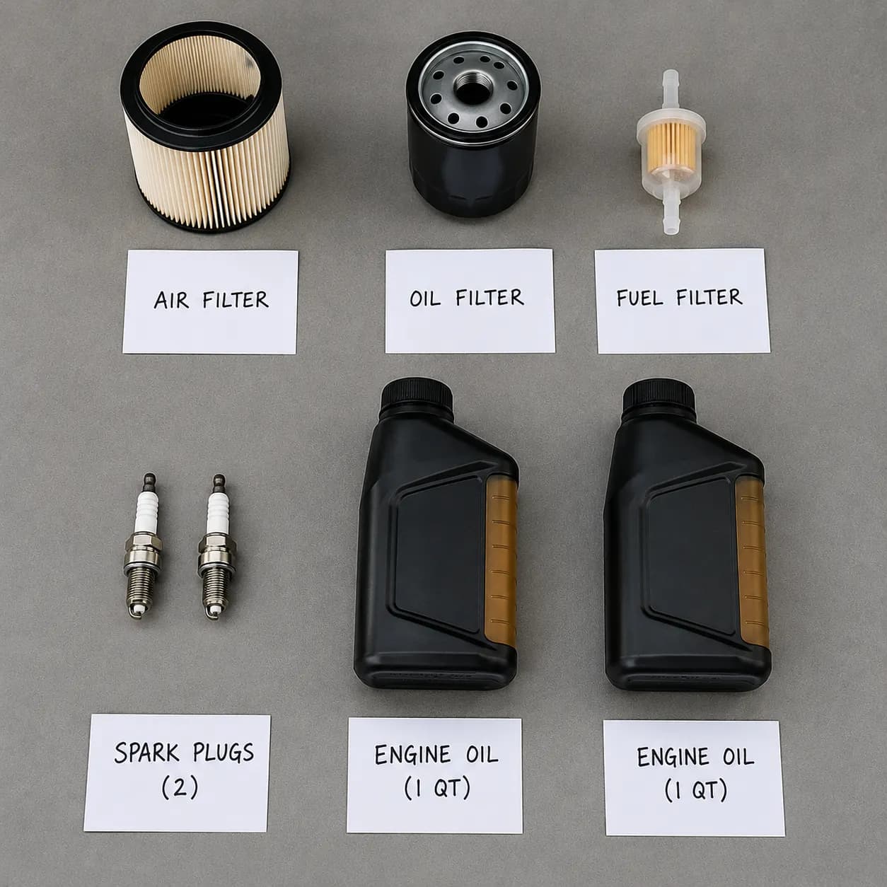 Labeled overhead view of LG276 kit contents including air filter, oil filter, fuel filter, spark plugs, and engine oil bottles.