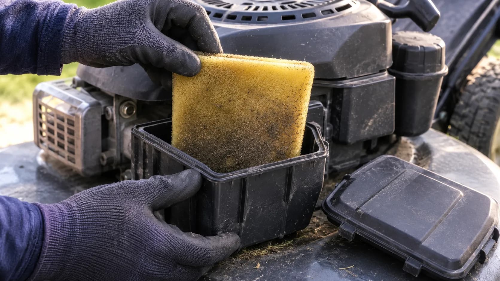 Gloved hands carefully lift a dirty foam air filter straight out of an open lawn mower airbox without scraping the housing lip during routine small engine air filter maintenance.