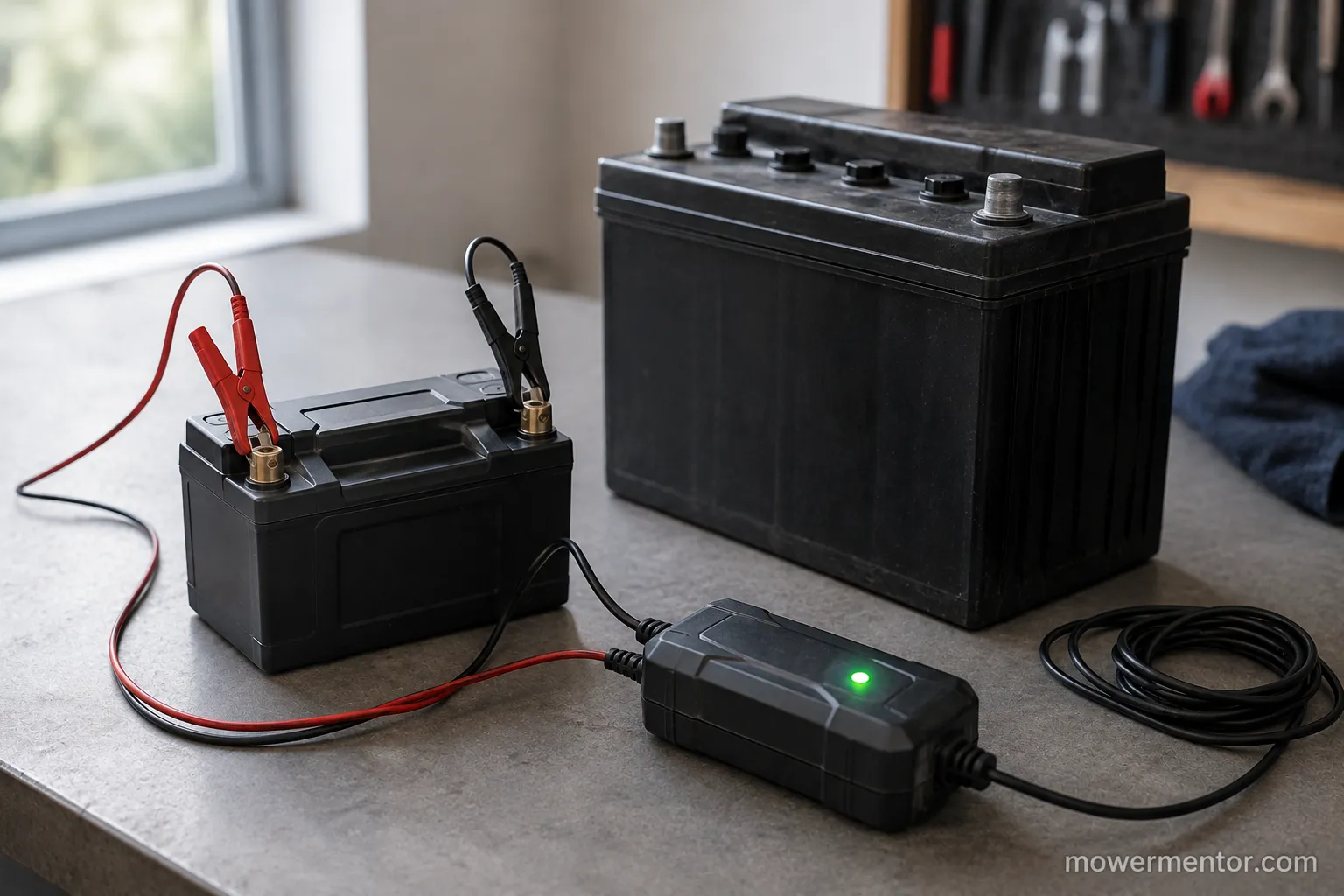 Lithium U1 riding mower battery on a compatible maintainer with a green charge light.