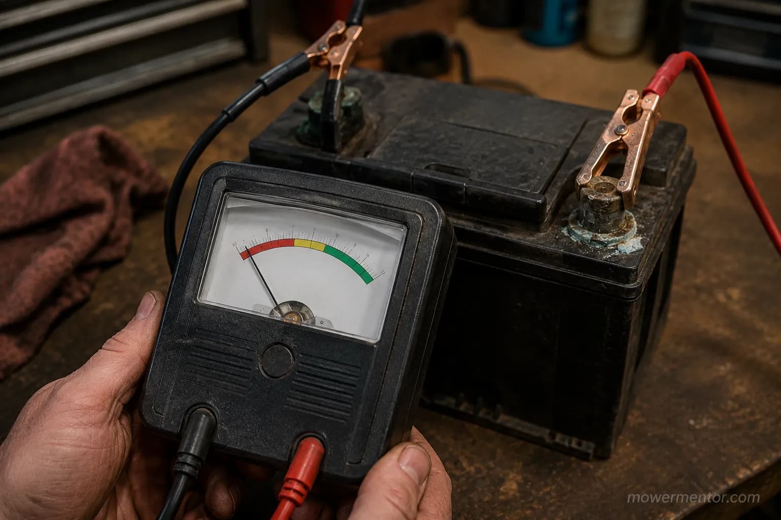Load tester showing a failing reading on a riding mower battery.
