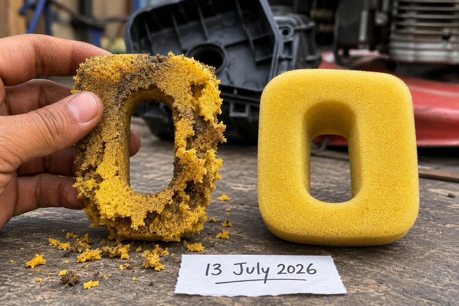 Comparison of a crumbling M110 lawn mower foam air filter beside a reusable foam filter in good condition on a workbench, showing signs of foam deterioration and replacement need.