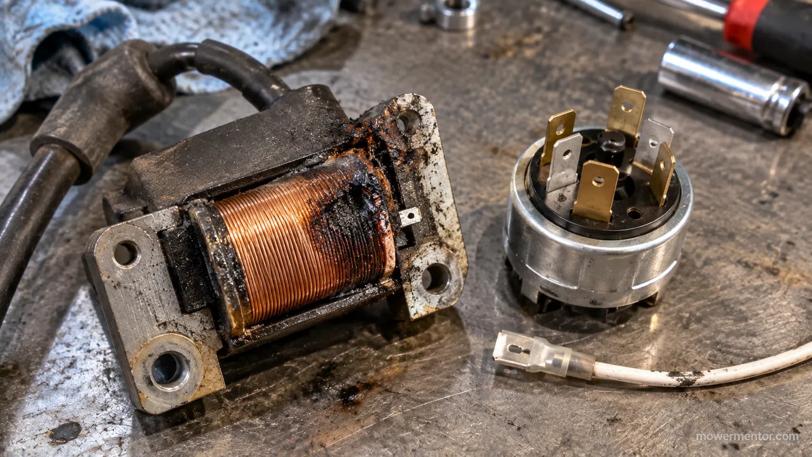 Scorched magneto ignition coil next to a five prong switch after receiving battery voltage.