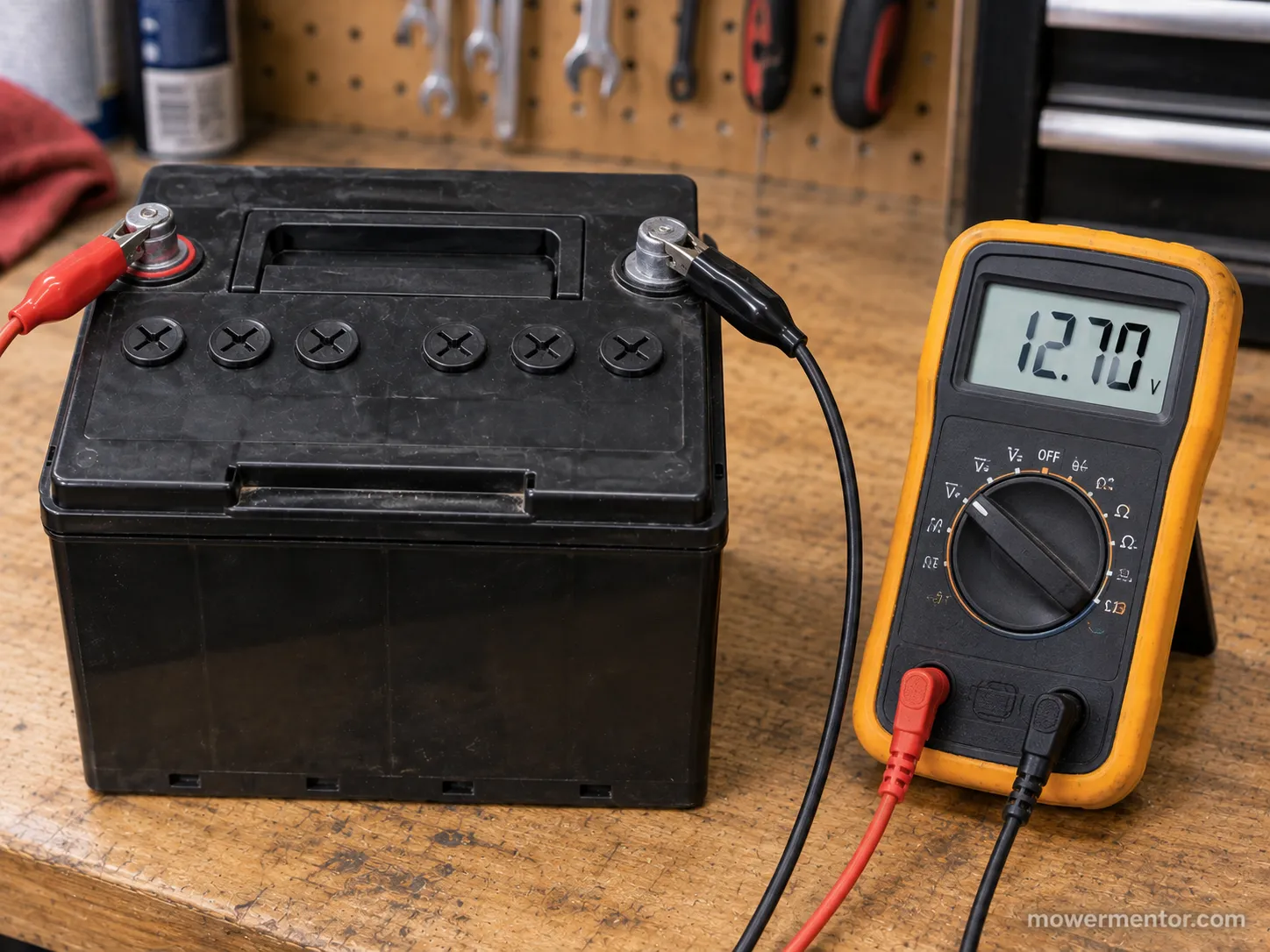 Multimeter showing 12.7 volts on a maintained mower battery