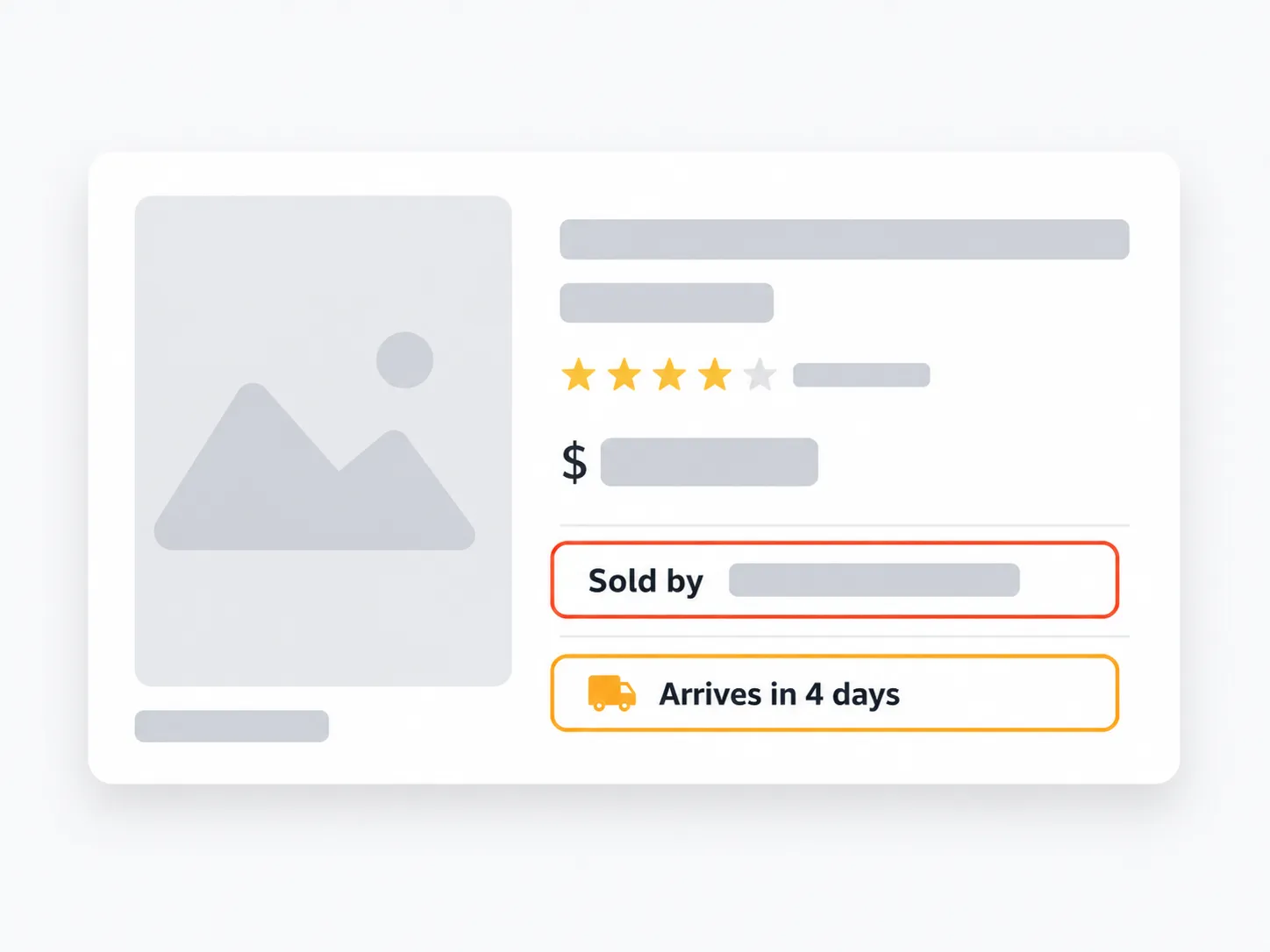 Flat vector mockup of an e-commerce product listing with the "Sold by" seller row outlined and the "Arrives in 4 days" delivery estimate highlighted to show a third-party marketplace listing.