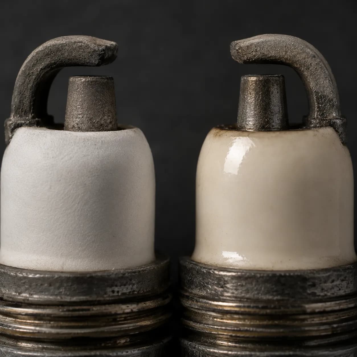 Extreme macro comparison of two small-engine spark plug insulator noses showing a matte, chalky ceramic surface beside a glossy glazed insulator with bright reflection indicating heat glazing.