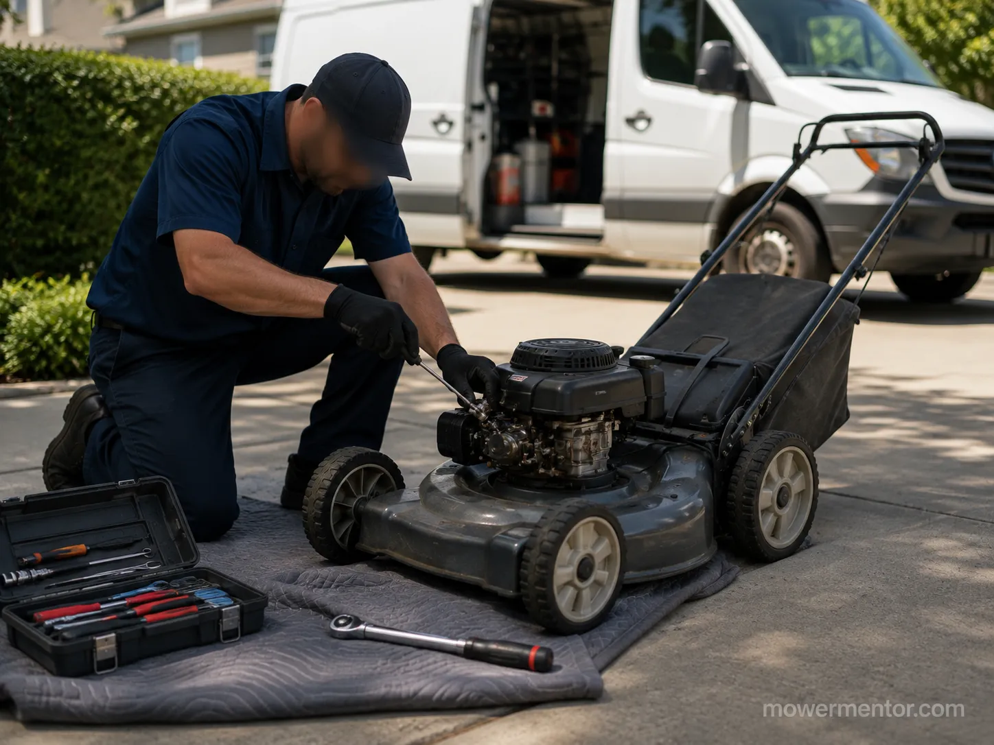 Mobile lawn mower technician repairing a walk-behind mower in a customer's driveway beside an open service van, with tools and a torque wrench on a protective mat.