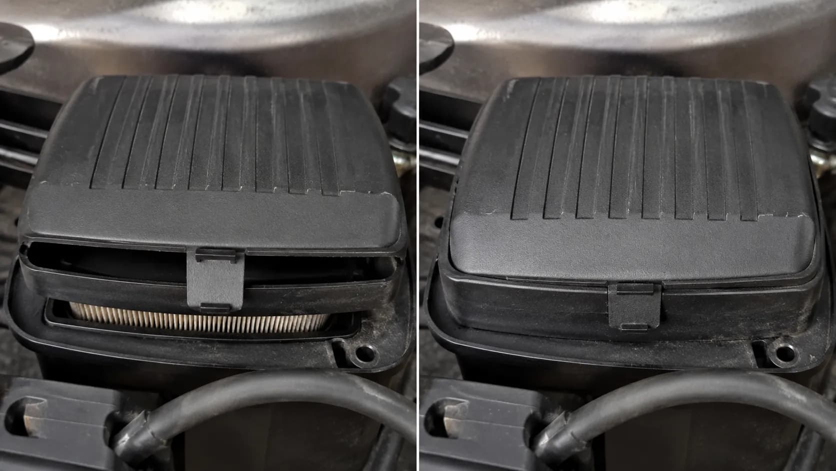 Split view of a mower air-filter cover showing an unseated retaining tab with a visible gap on the left and the same cover clicked fully flush on the right.