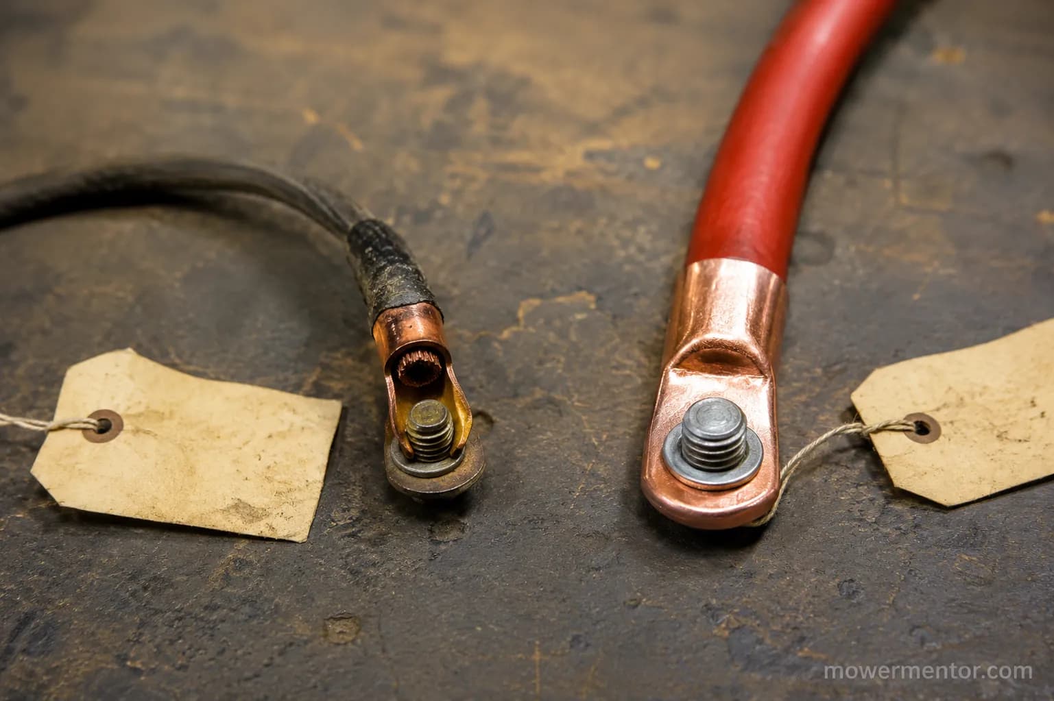 comparing a cheap riding mower battery cable to a pre-lugged copper set