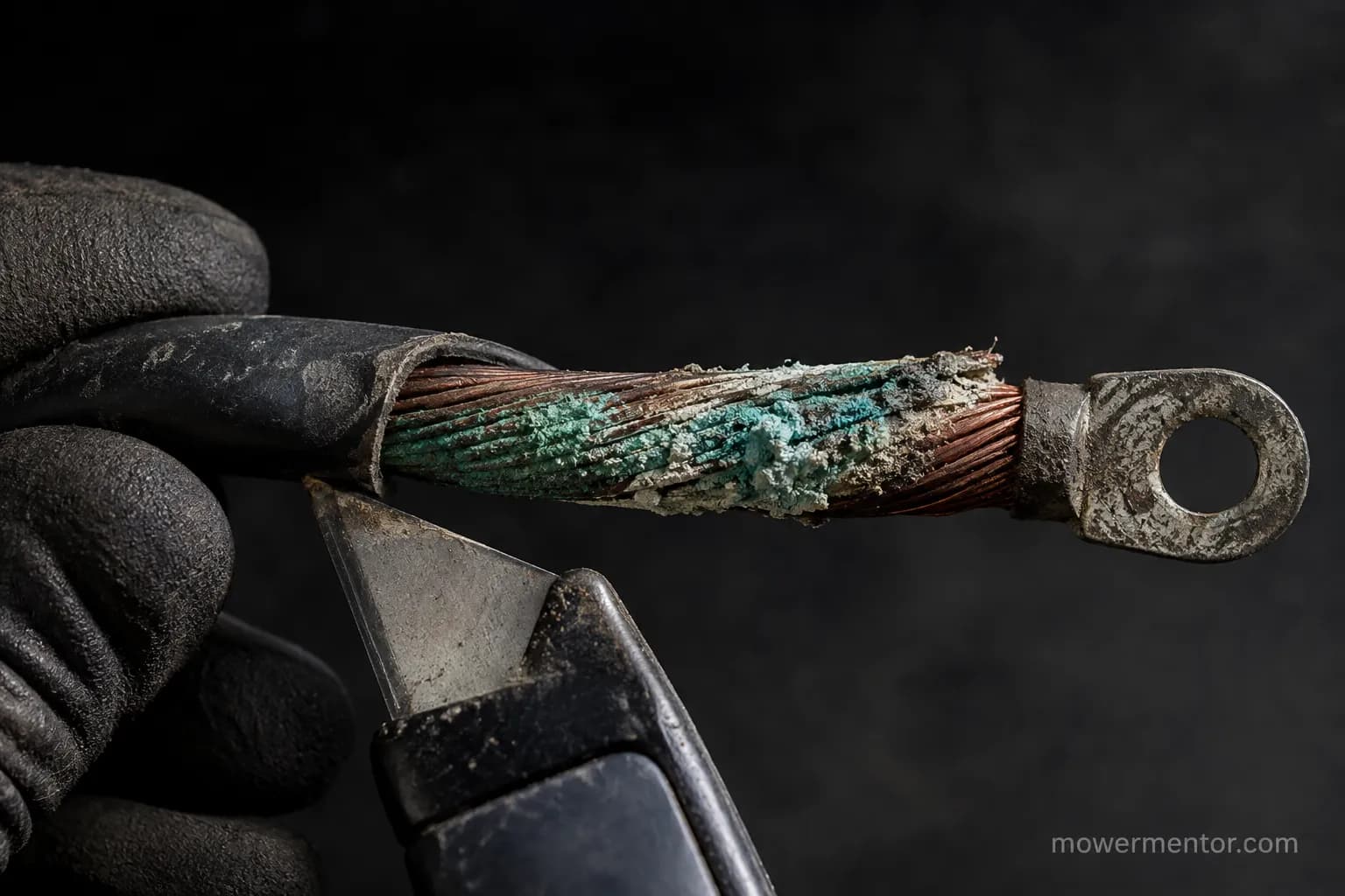 corrosion travelled up a riding mower battery cable under the insulation