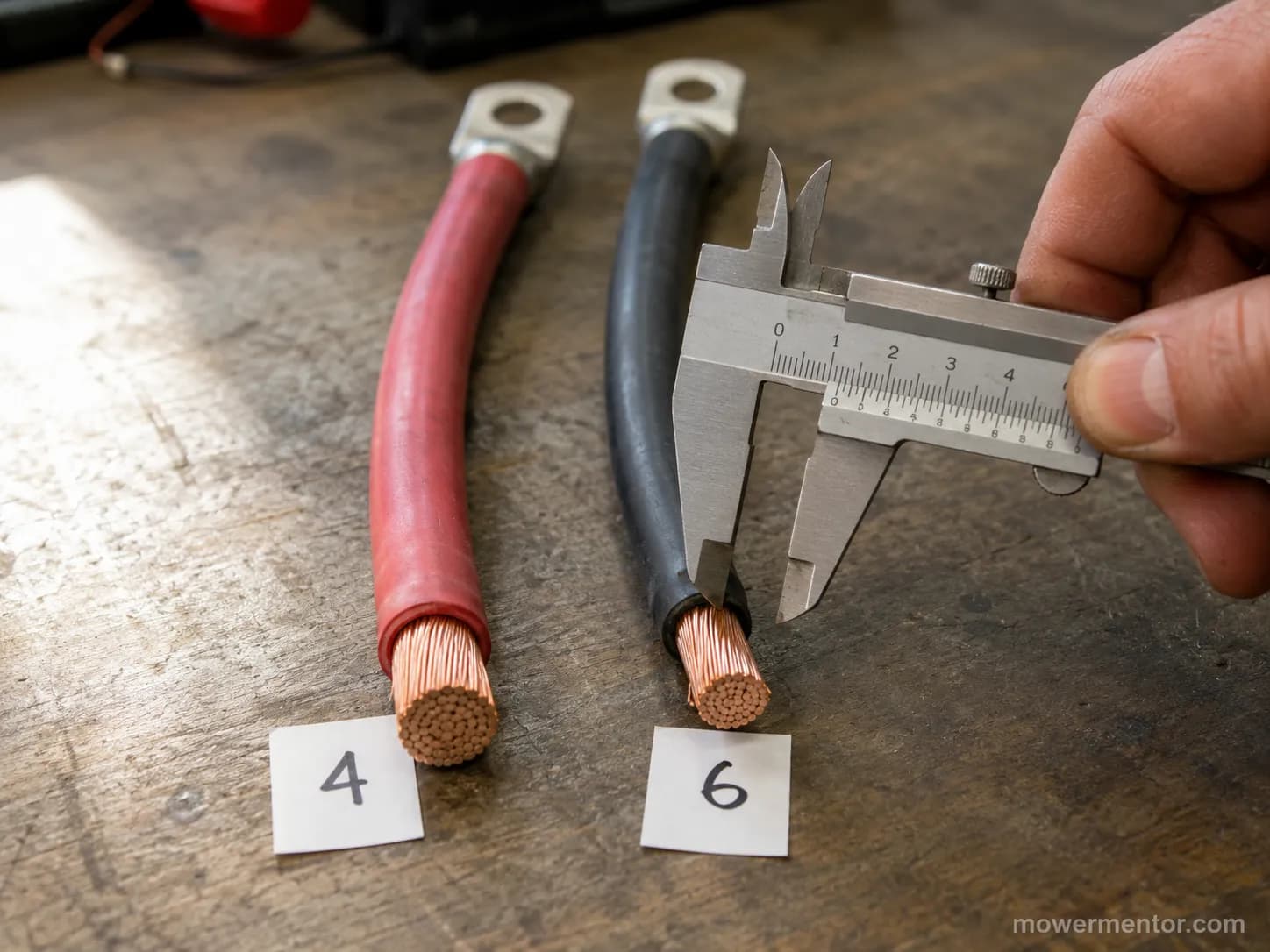 measuring the gauge of a riding mower battery cable with a caliper