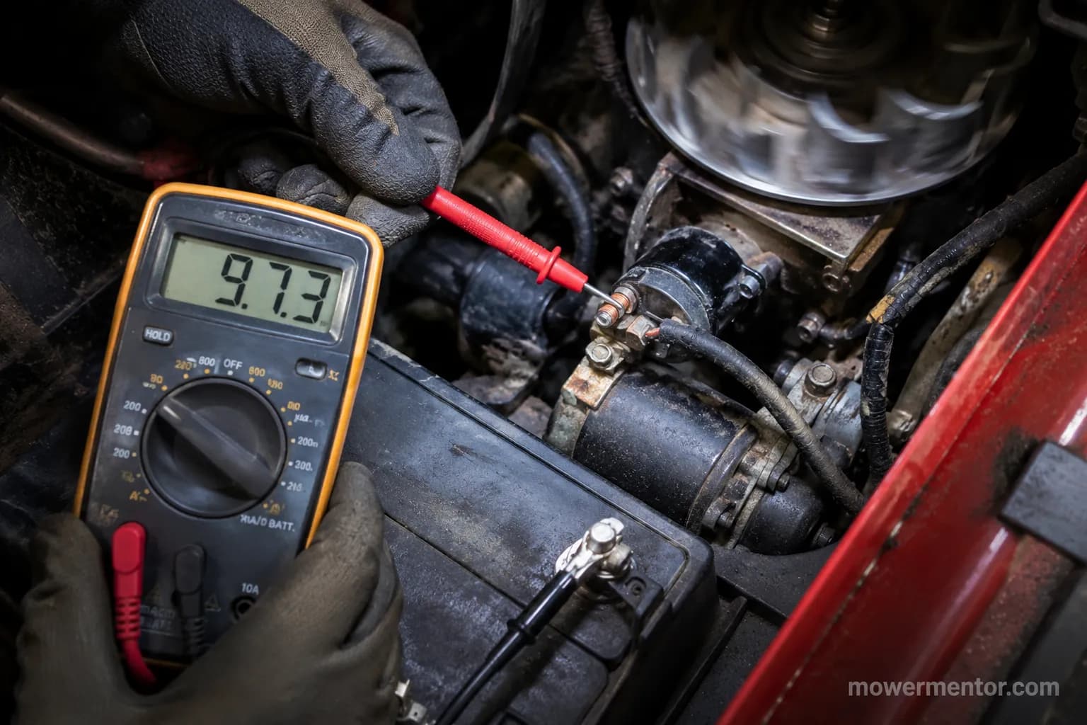 measuring cranking voltage drop on a riding mower battery cable