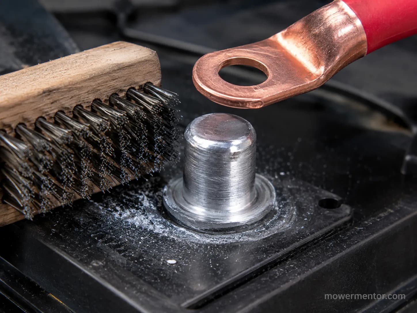 cleaned battery post ready for a new riding mower battery cable