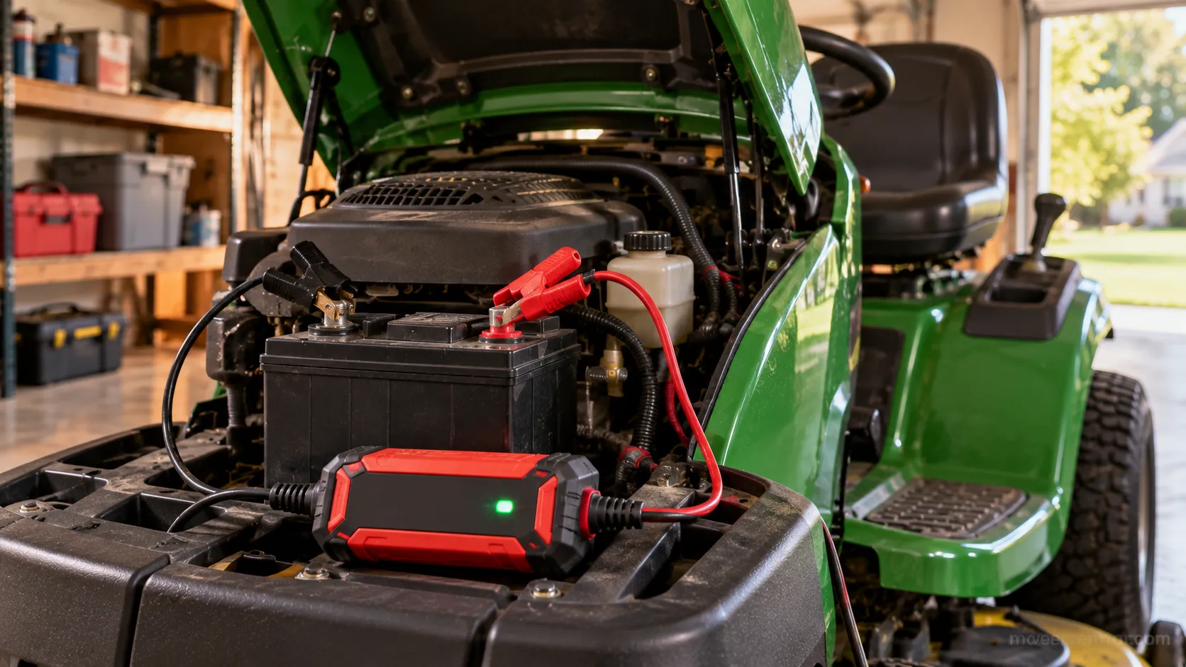 Riding mower battery connected to a trickle charger with a green status light in a garage.