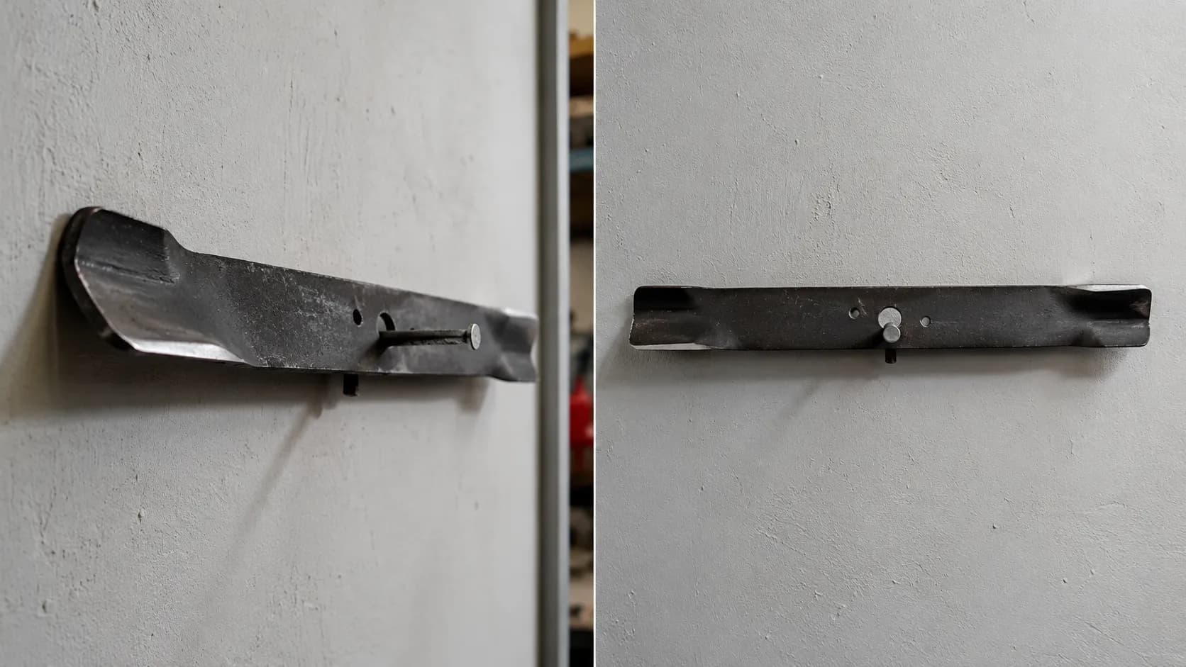 Split image showing a mower blade hanging unevenly on a nail before grinding on the left and perfectly level after sharpening and balancing on the right.
