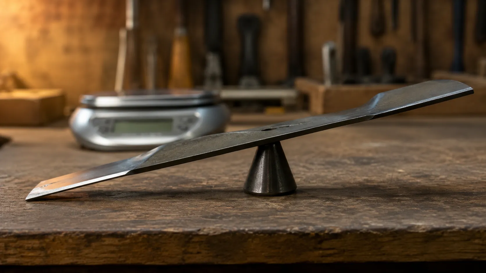 Steel rotary mower blade tilting on a balancing cone during a blade balance test, with a digital kitchen scale blurred in the background on a workshop bench.