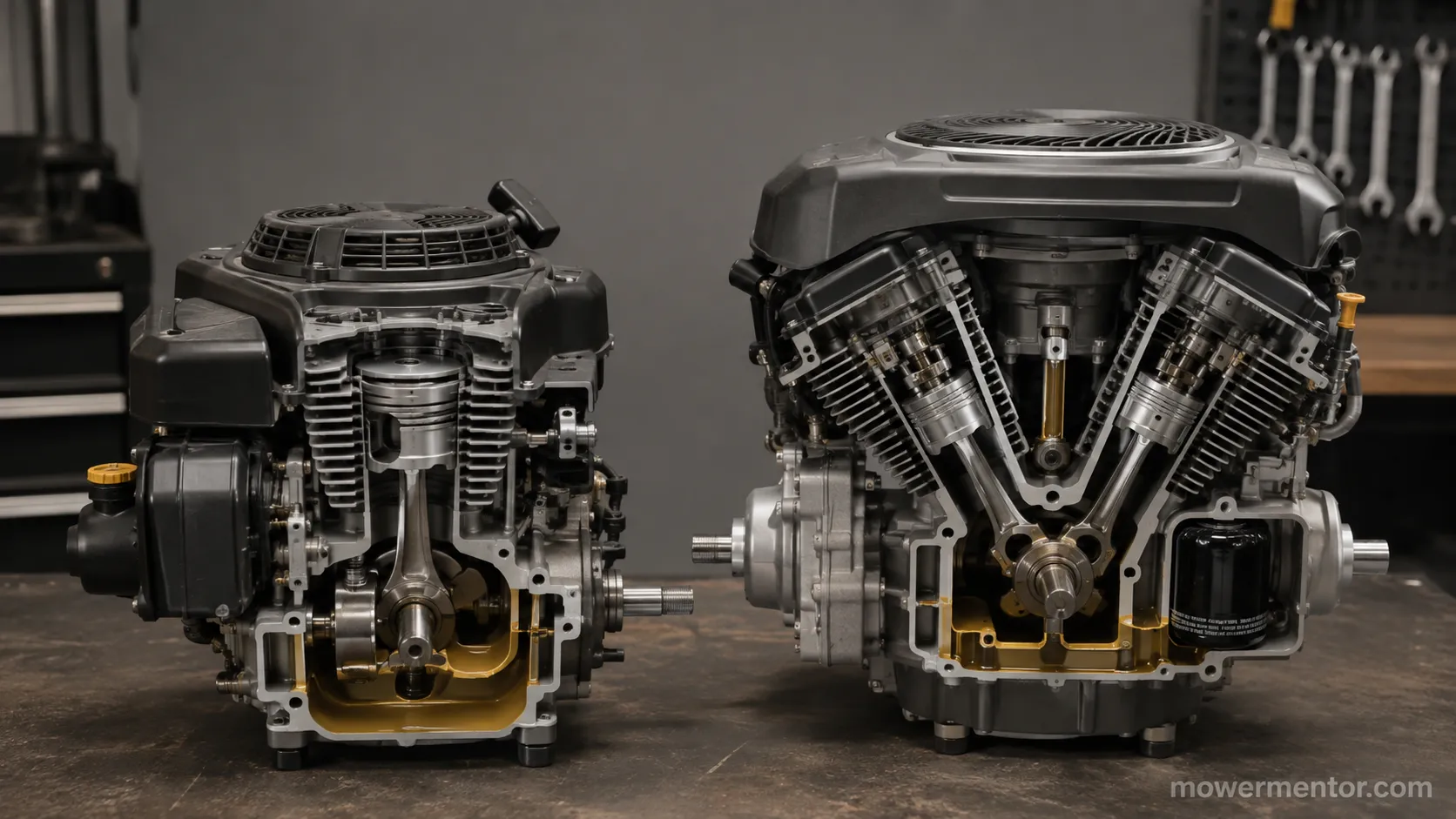 Cutaway comparison of a single-cylinder mower engine without an oil filter and a V-twin engine with an oil filter.