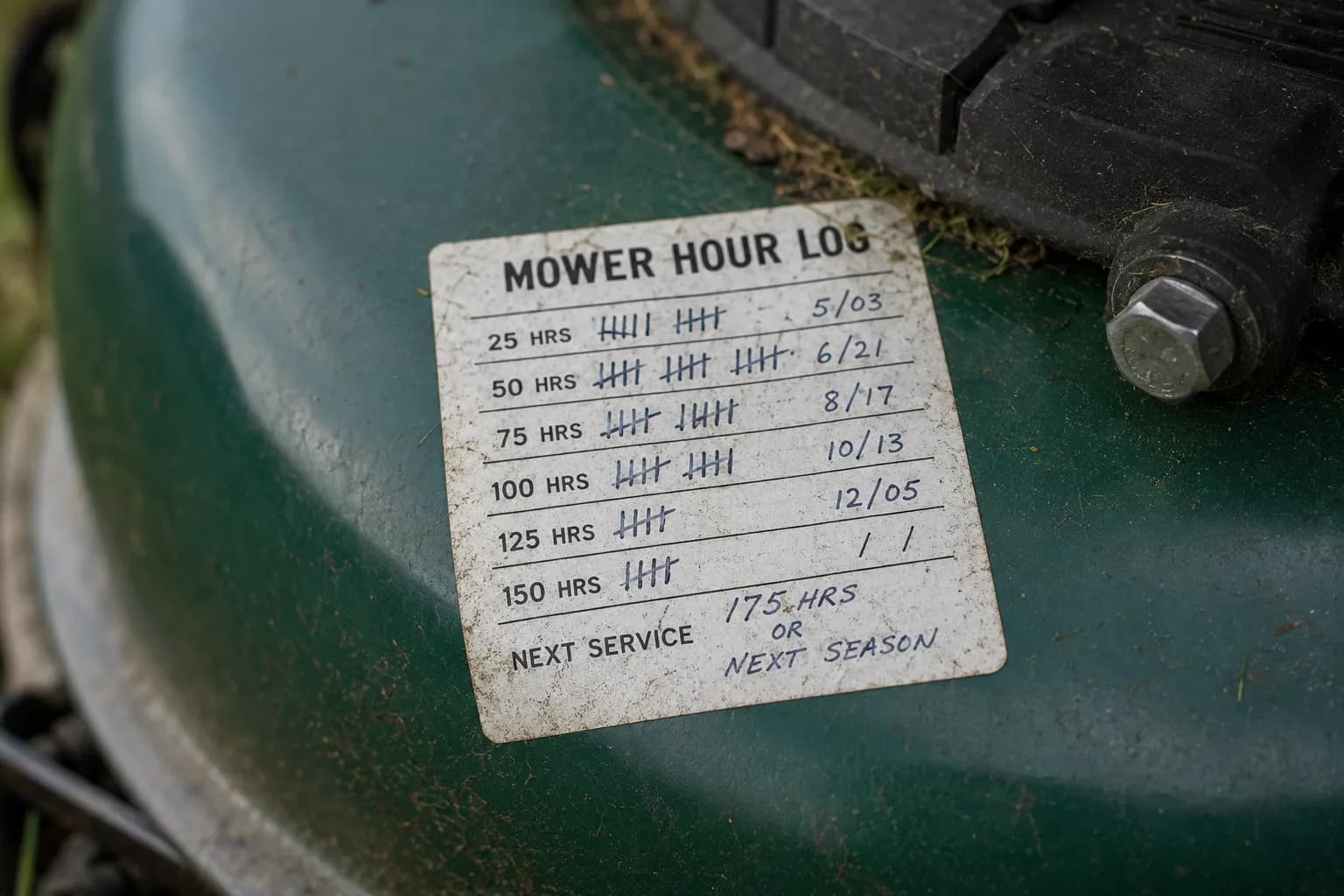 Close-up of a handwritten mower maintenance hour-log sticker on the mower deck, showing tally marks and service dates with a shallow depth of field in natural daylight.