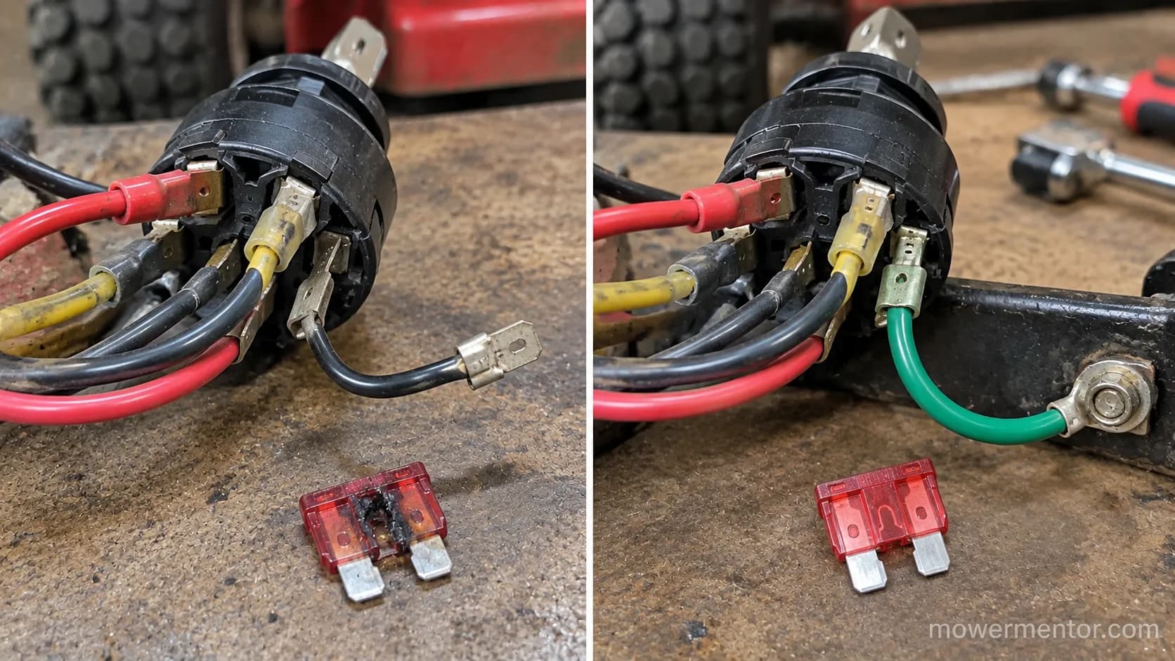 Mis-wired mower ignition switch and blown fuse before and after correct wiring.
