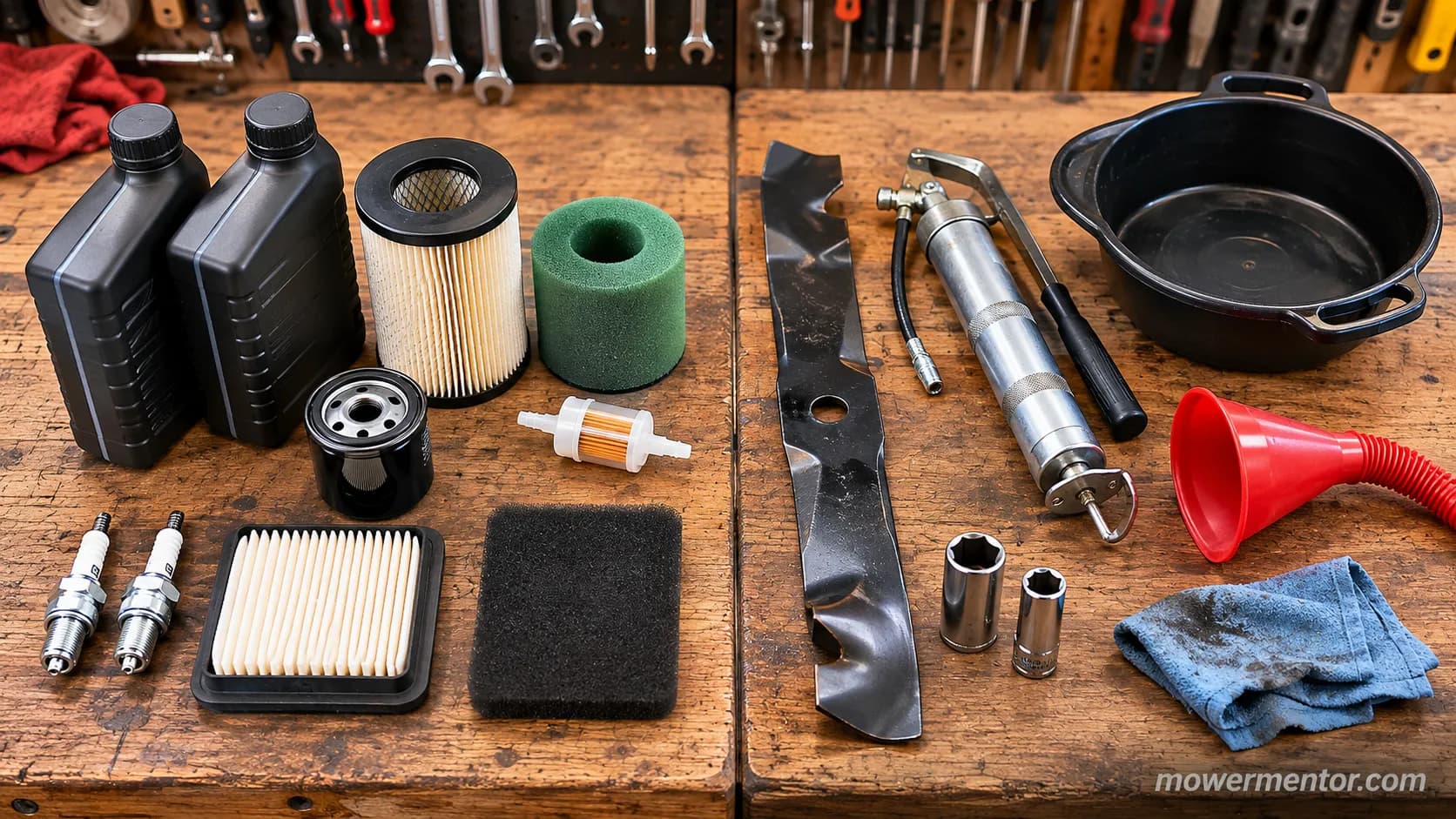 Mower maintenance kit contents compared with extra tools and supplies needed to complete four mower service jobs.