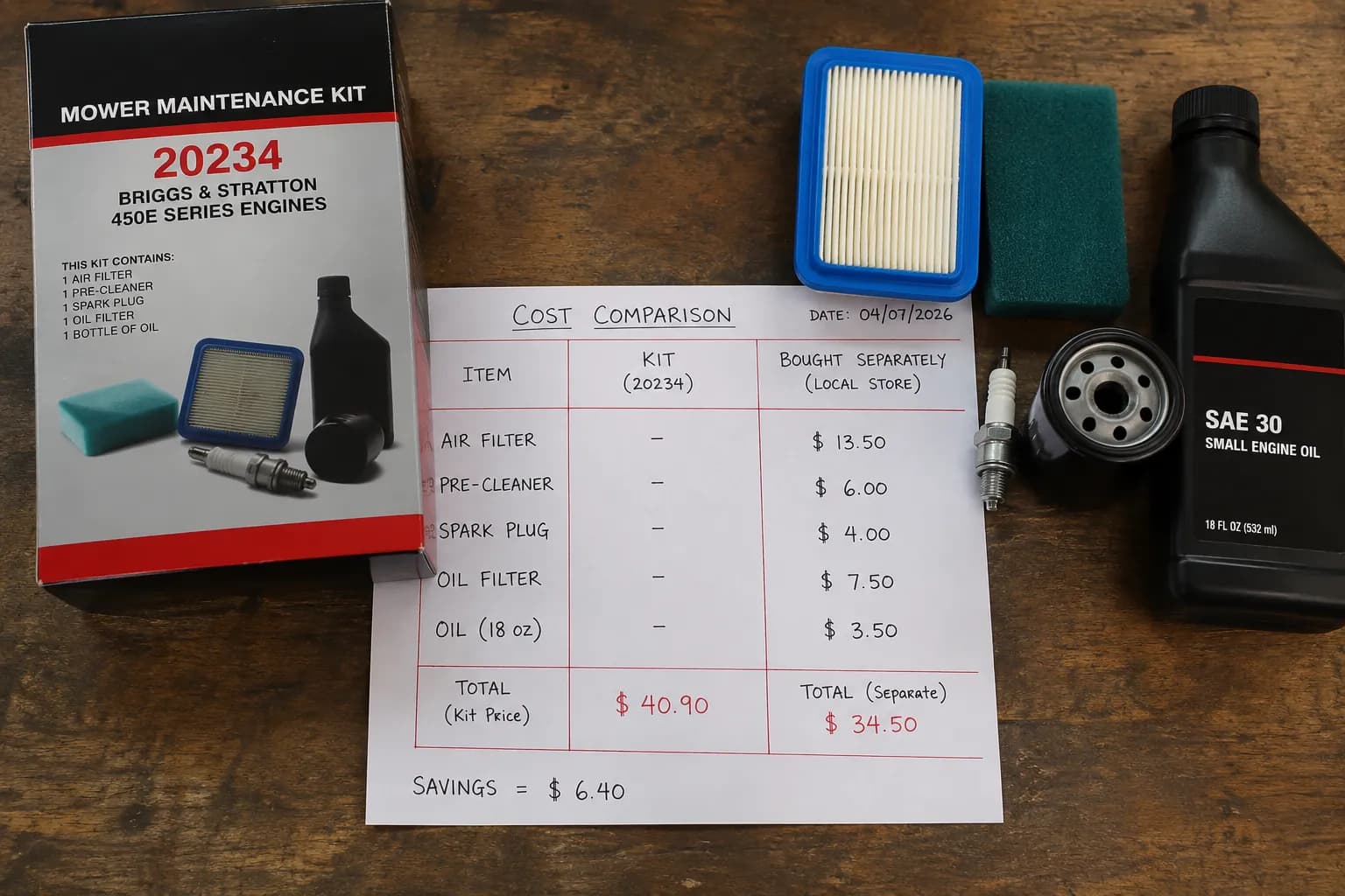 Overhead view of a mower maintenance kit beside individual replacement parts and a dated cost comparison sheet showing kit pricing versus buying each part separately.