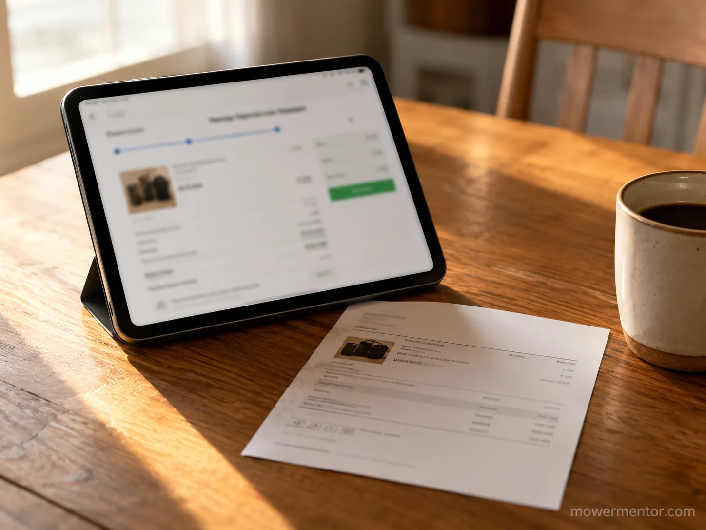 Tablet showing a blurred mower parts order confirmation beside a printed packing slip and coffee mug on a warm wooden kitchen table.