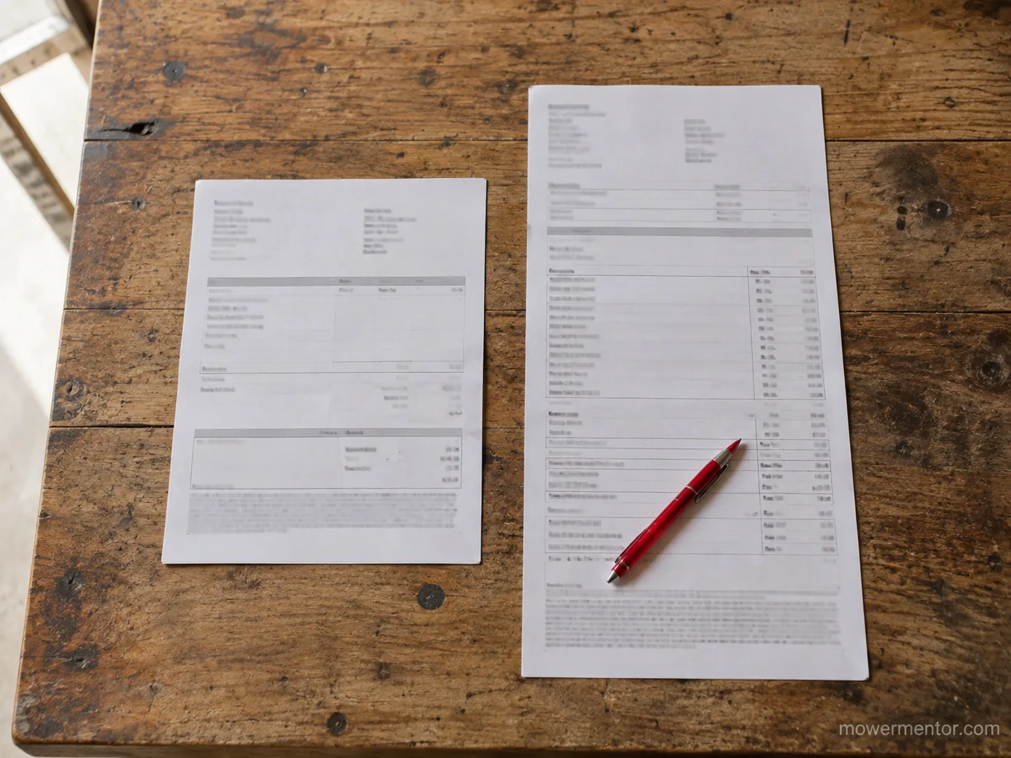 Two mower service documents on a wooden workbench showing a quoted price versus a higher final invoice, with a red pen across the invoice.