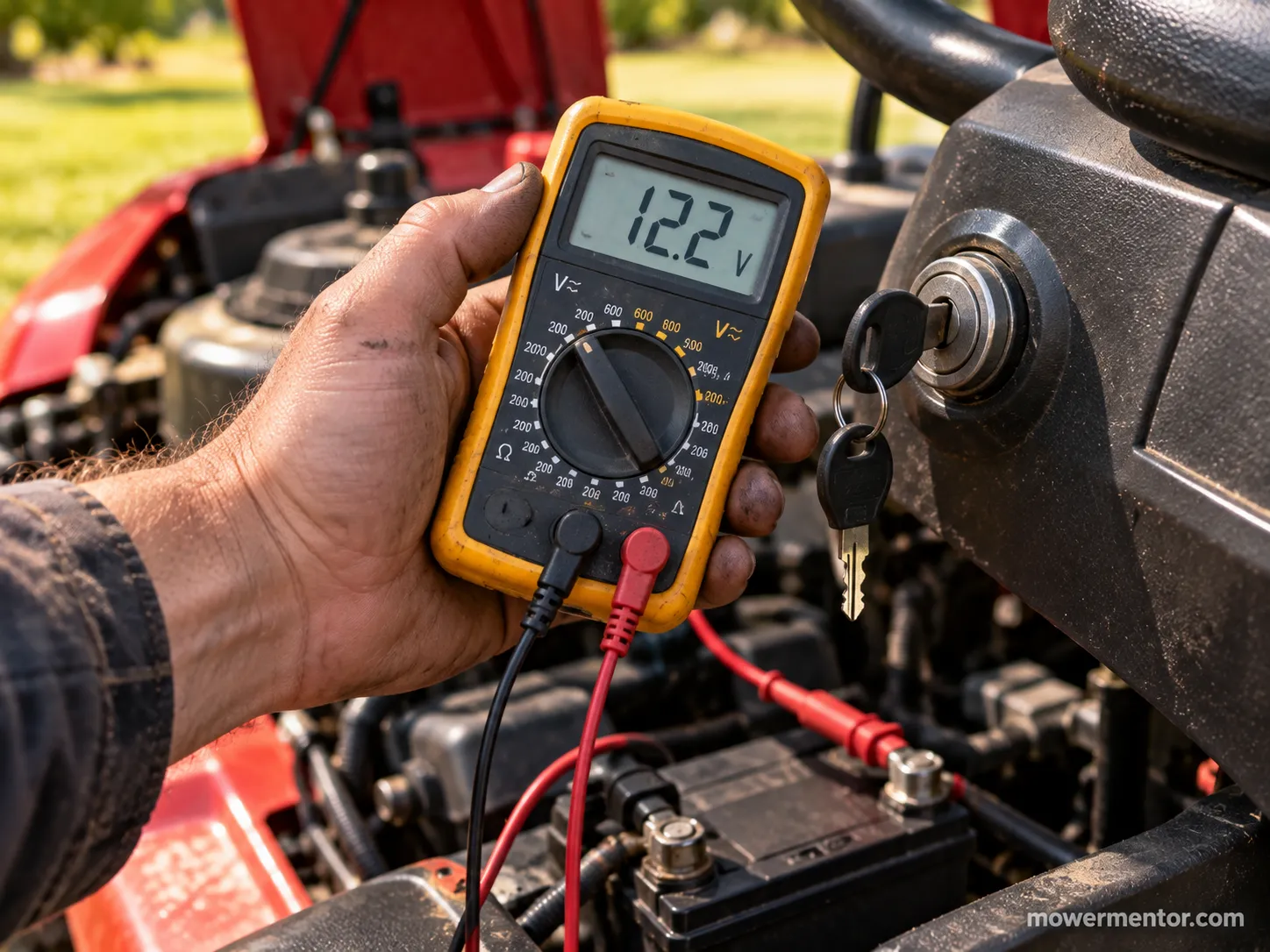 Multimeter showing 12.2 volts on a dead riding mower battery beside the key