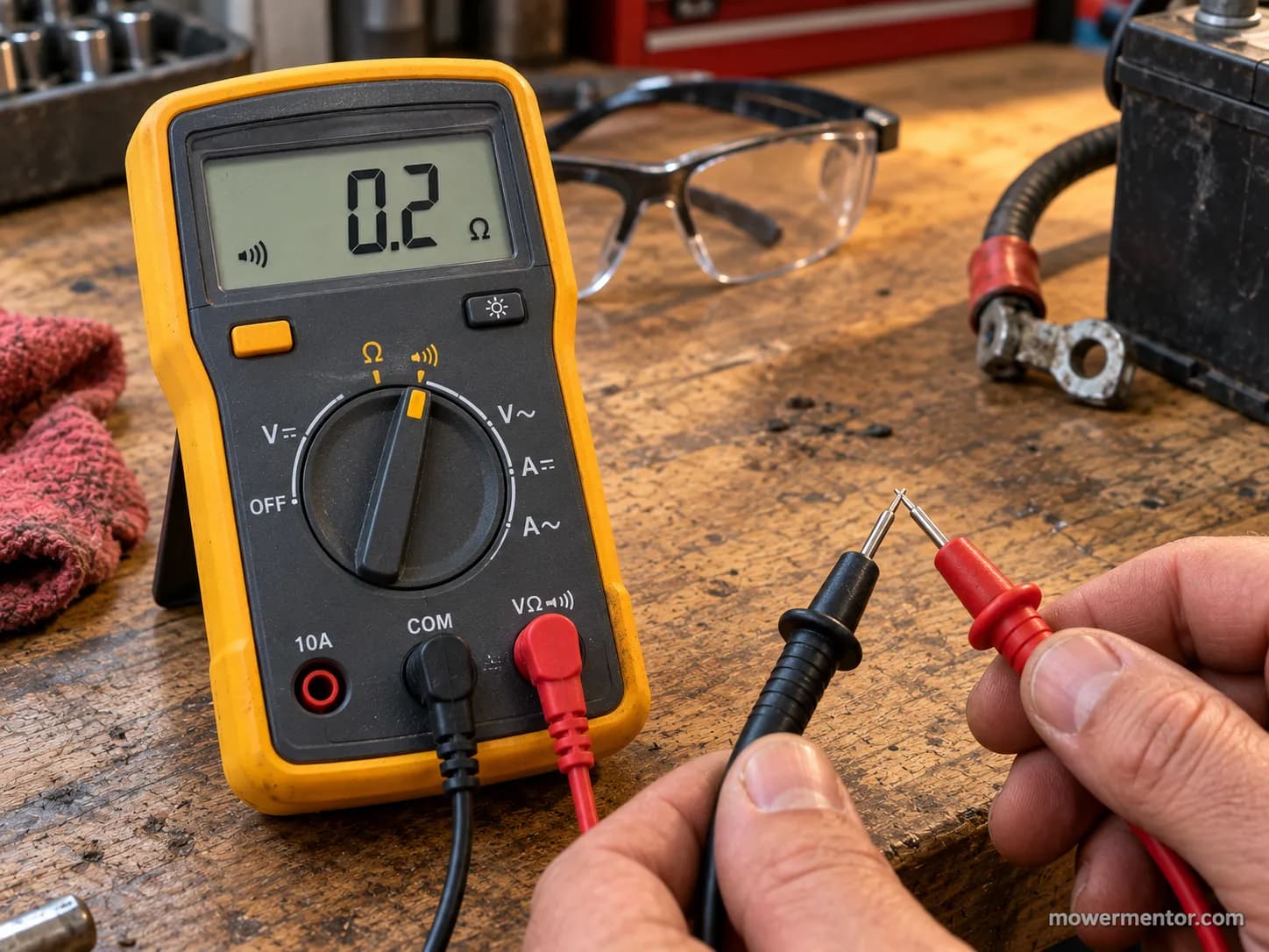 digital multimeter set to continuity mode showing a low ohm reading on a workbench