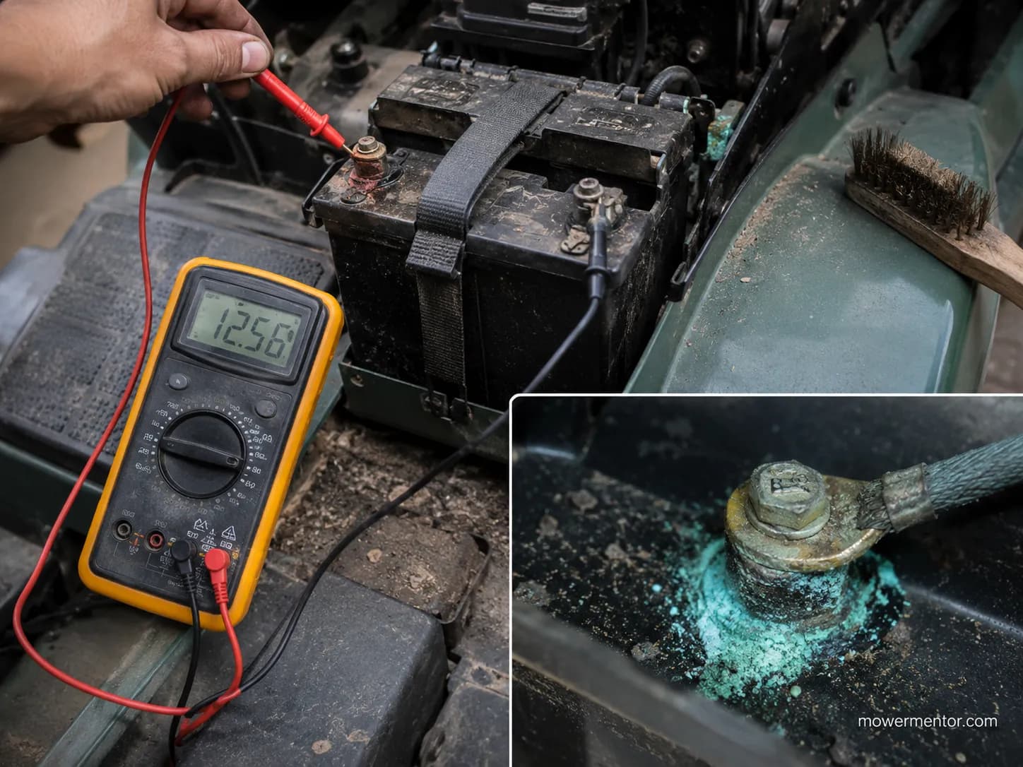 Multimeter reading 12.5 volts at a riding mower battery terminal beside a corroded ground connection.