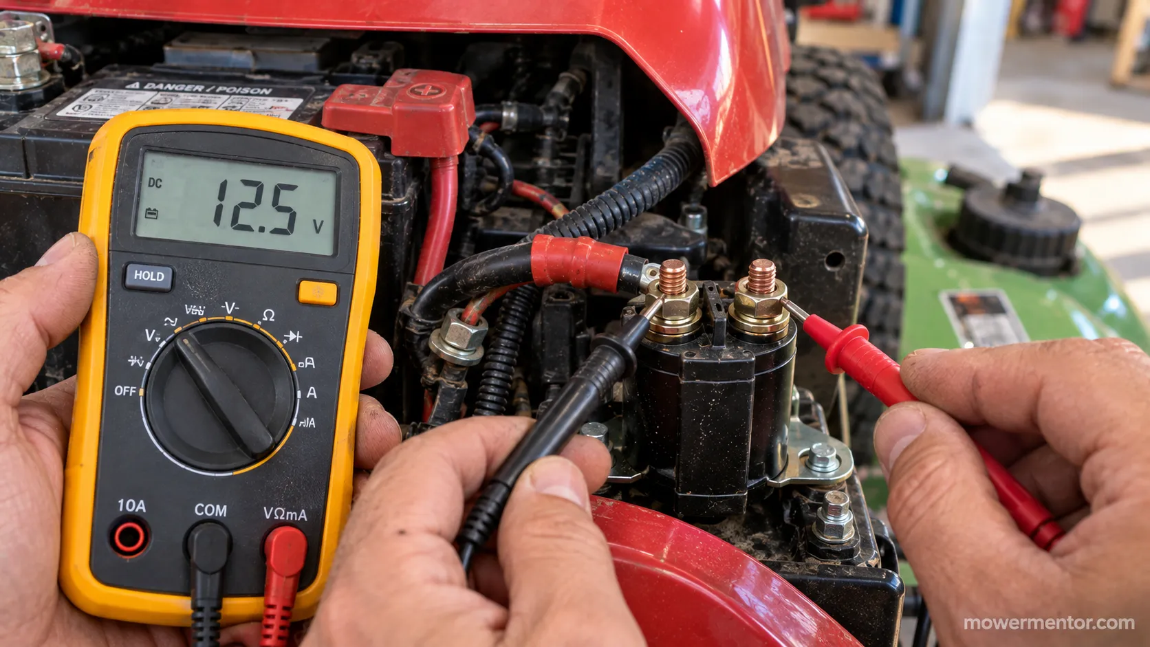 Digital multimeter reading battery voltage at a lawn mower starter solenoid terminal.
