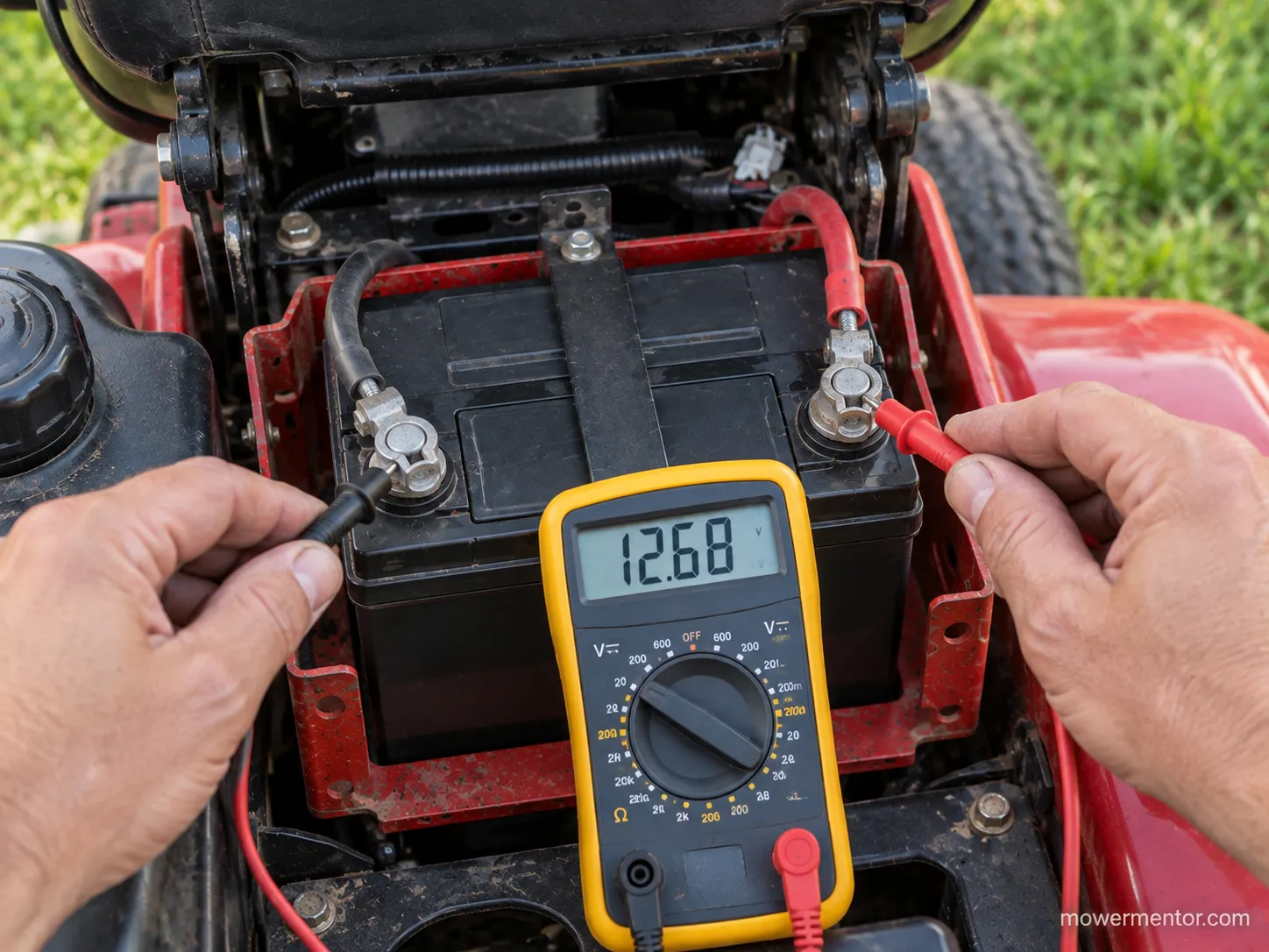 Multimeter testing voltage across a Cub Cadet riding mower battery