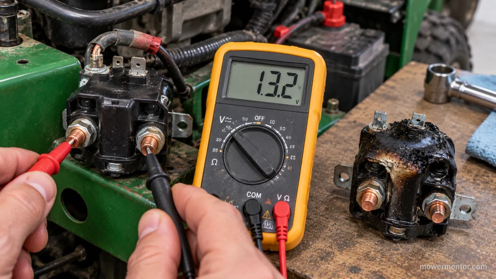 multimeter reading 13.2 volts at a fried Husqvarna riding mower starter solenoid