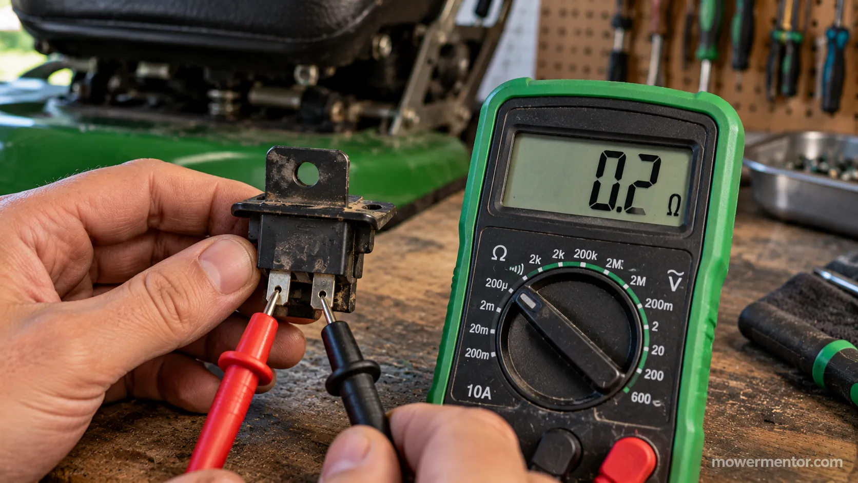multimeter testing a riding mower seat safety switch for continuity