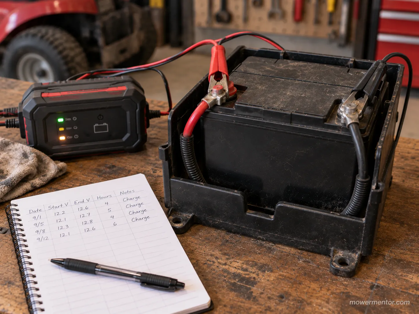 Automatic charger and a charge log reviving a Murray mower battery.