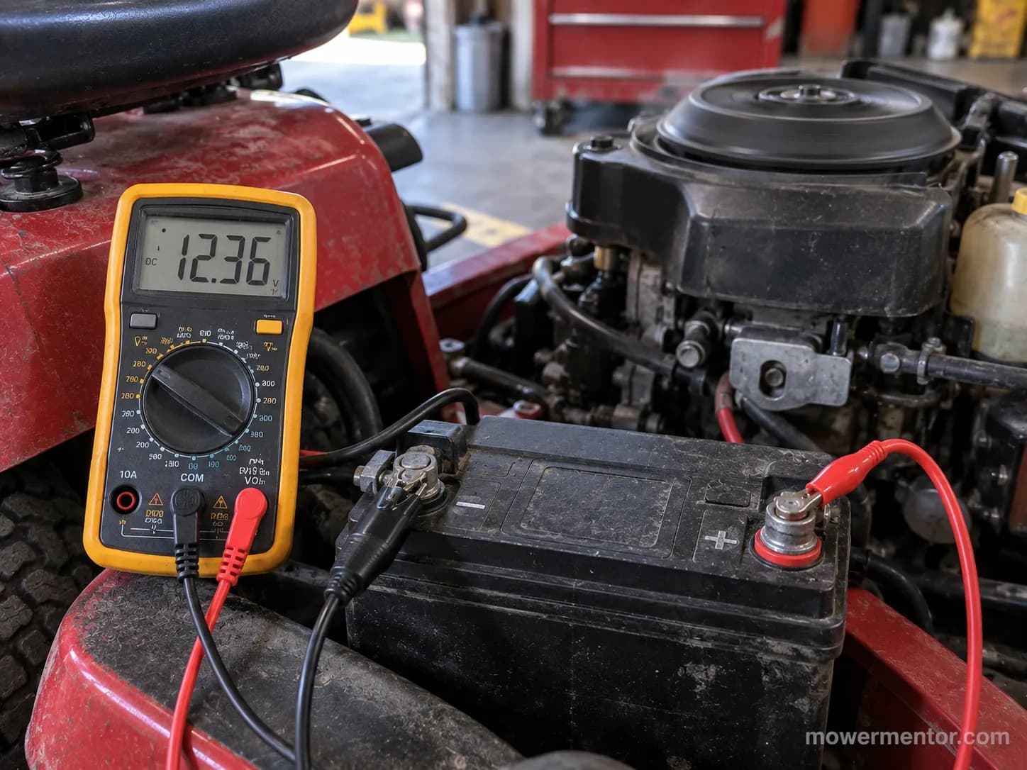 Multimeter reading a Murray mower battery voltage with the engine running.