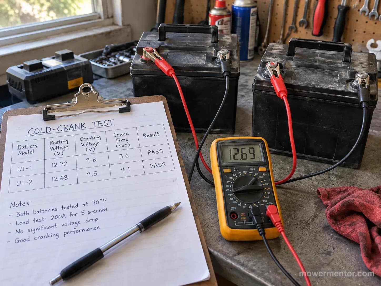 Cold-crank comparison notes beside a multimeter and two Group U1 mower batteries.