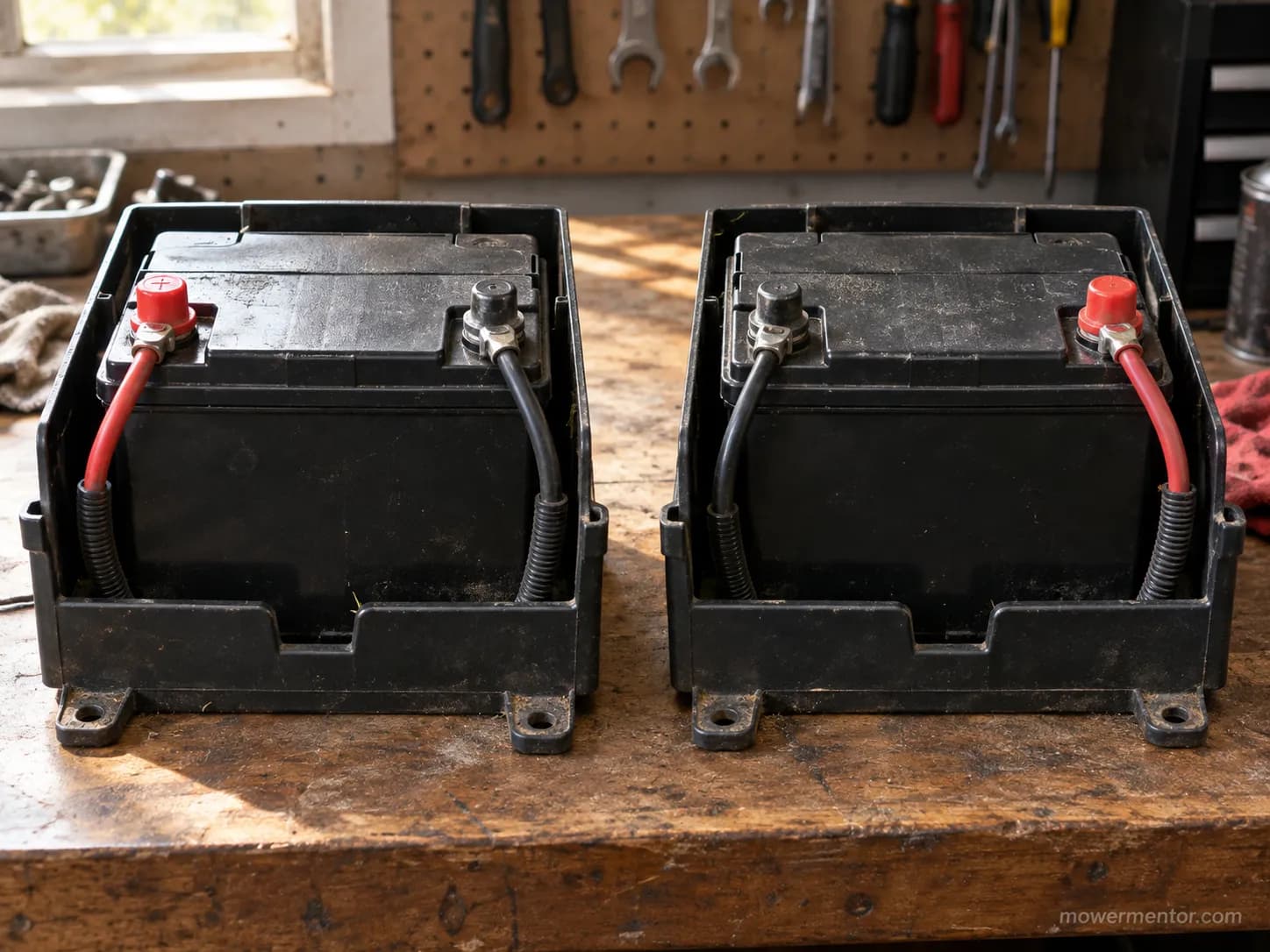 U1 versus U1R positive terminal position shown in two Murray riding mower battery trays.