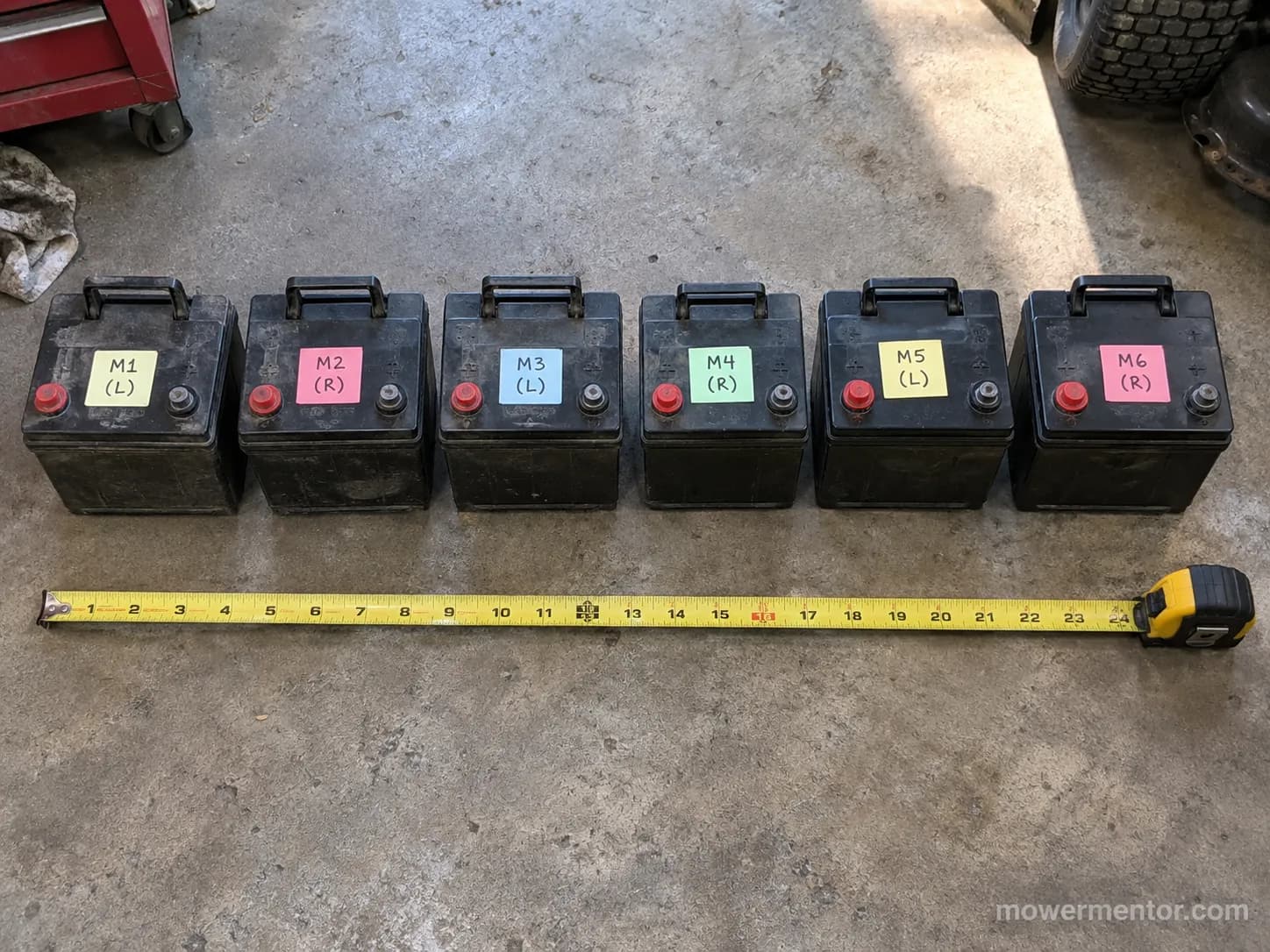 Six Group U1 and U1R batteries for Murray riding mowers lined up and tagged by terminal side.