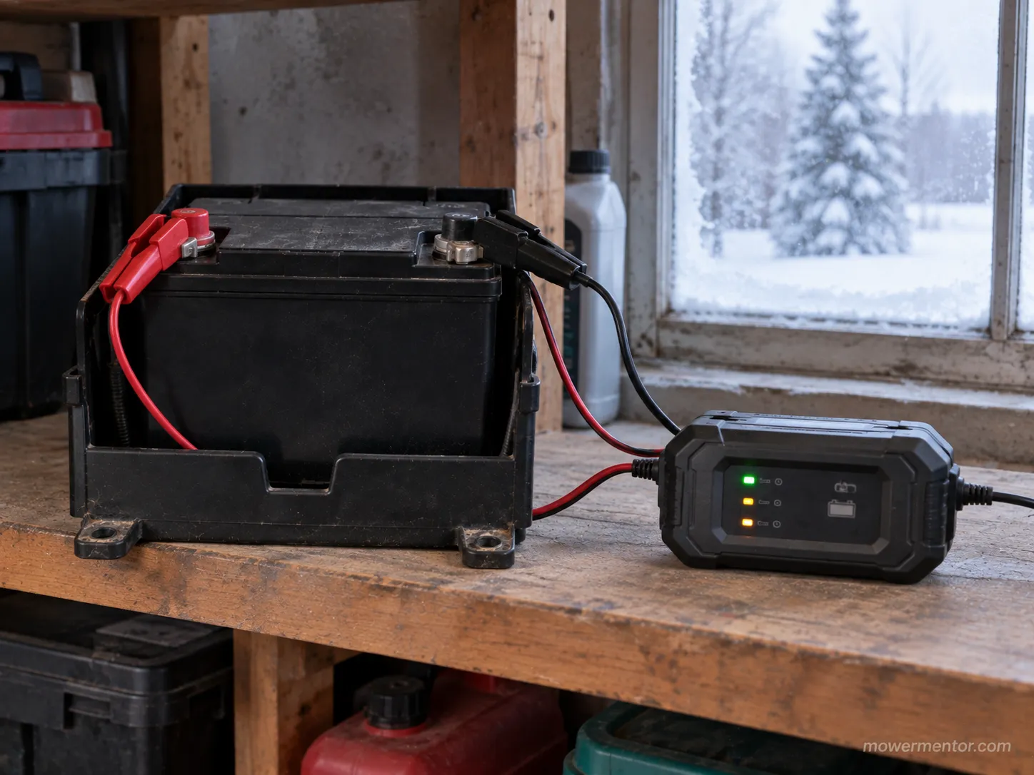 Battery maintainer keeping a Murray mower battery charged during winter storage.