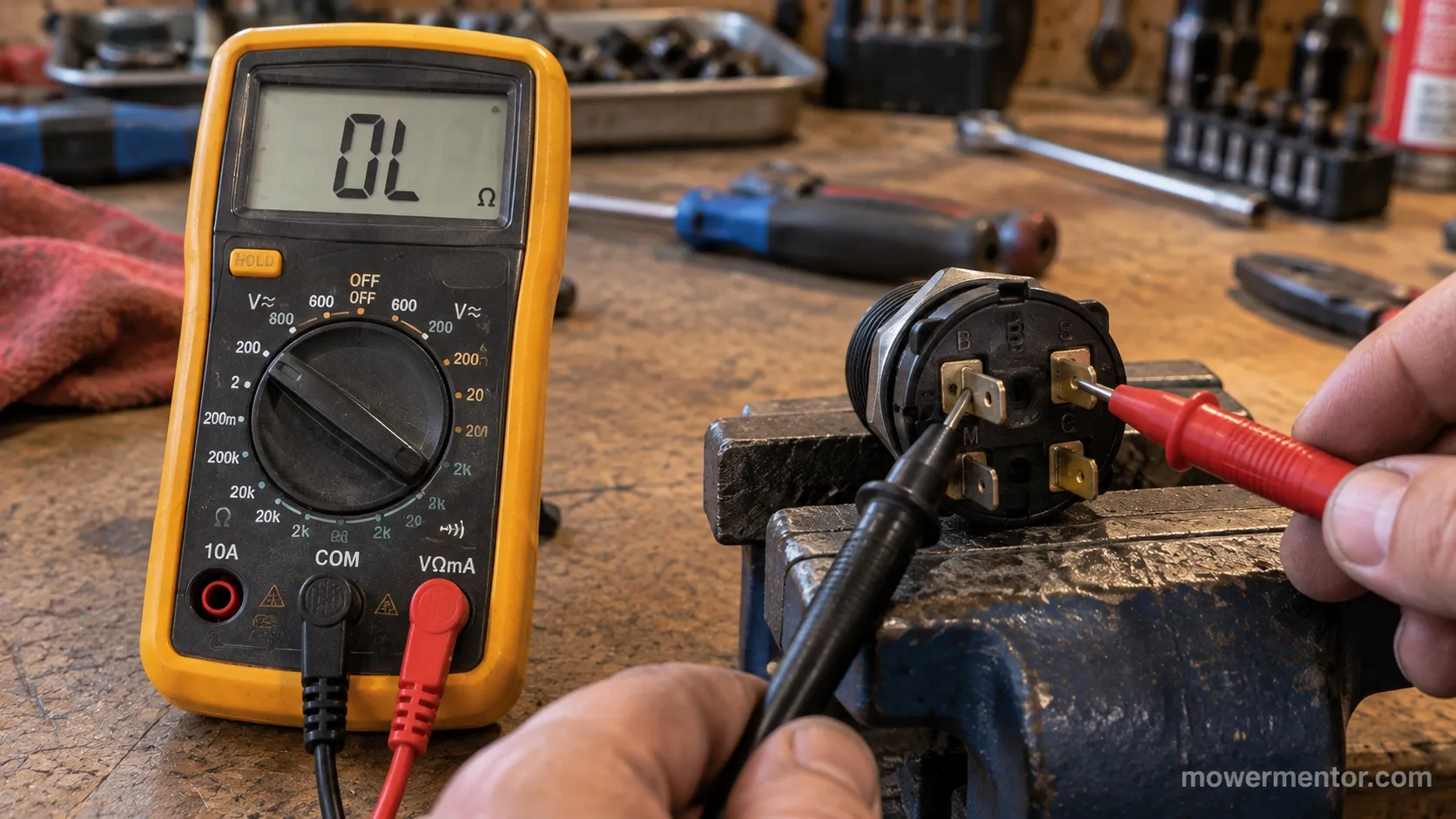 Multimeter showing no continuity across the start terminals of a Murray ignition switch